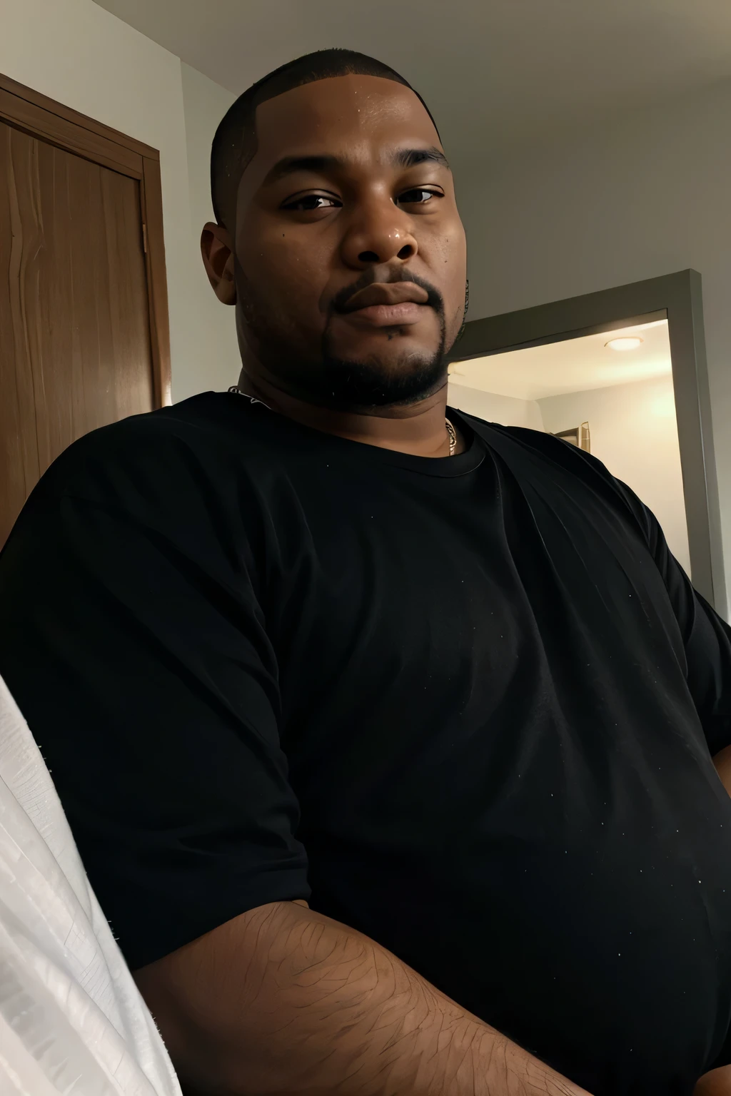 Brazilian black man in black suit overweight without beard and shaved hair