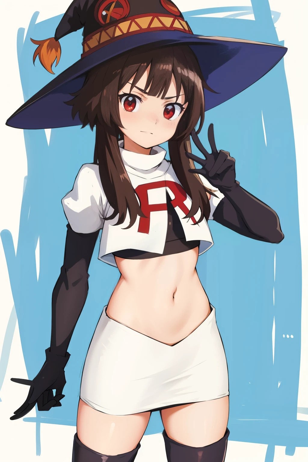anime coloring,
1girl, solo red eyes, brown hair,short hair with long locks, bangs,looking at viewer,cowboy shot,witch hat,team rocket,team rocket uniform,white skirt,crop top,black thigh-highs,black elbow gloves,
