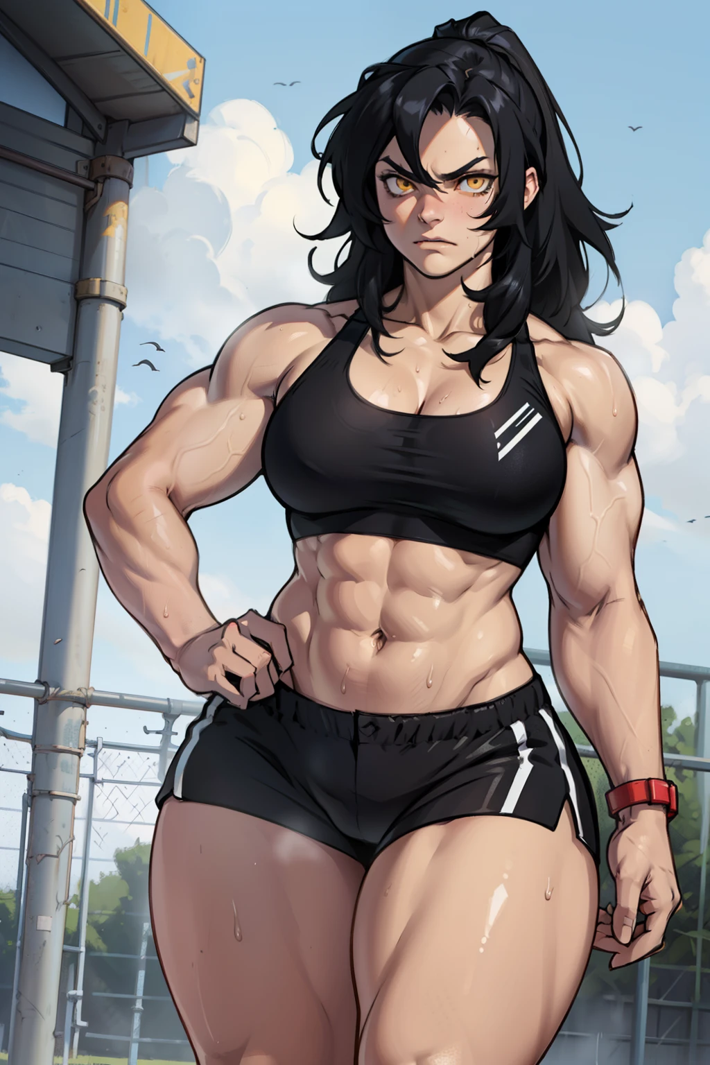 black hair, yellow eyes, solo, sweaty, shiny skin, angry, pale skin, (((muscular, 1girl))), curvy, thin waist, very long hair, short shorts, navel, sports bra