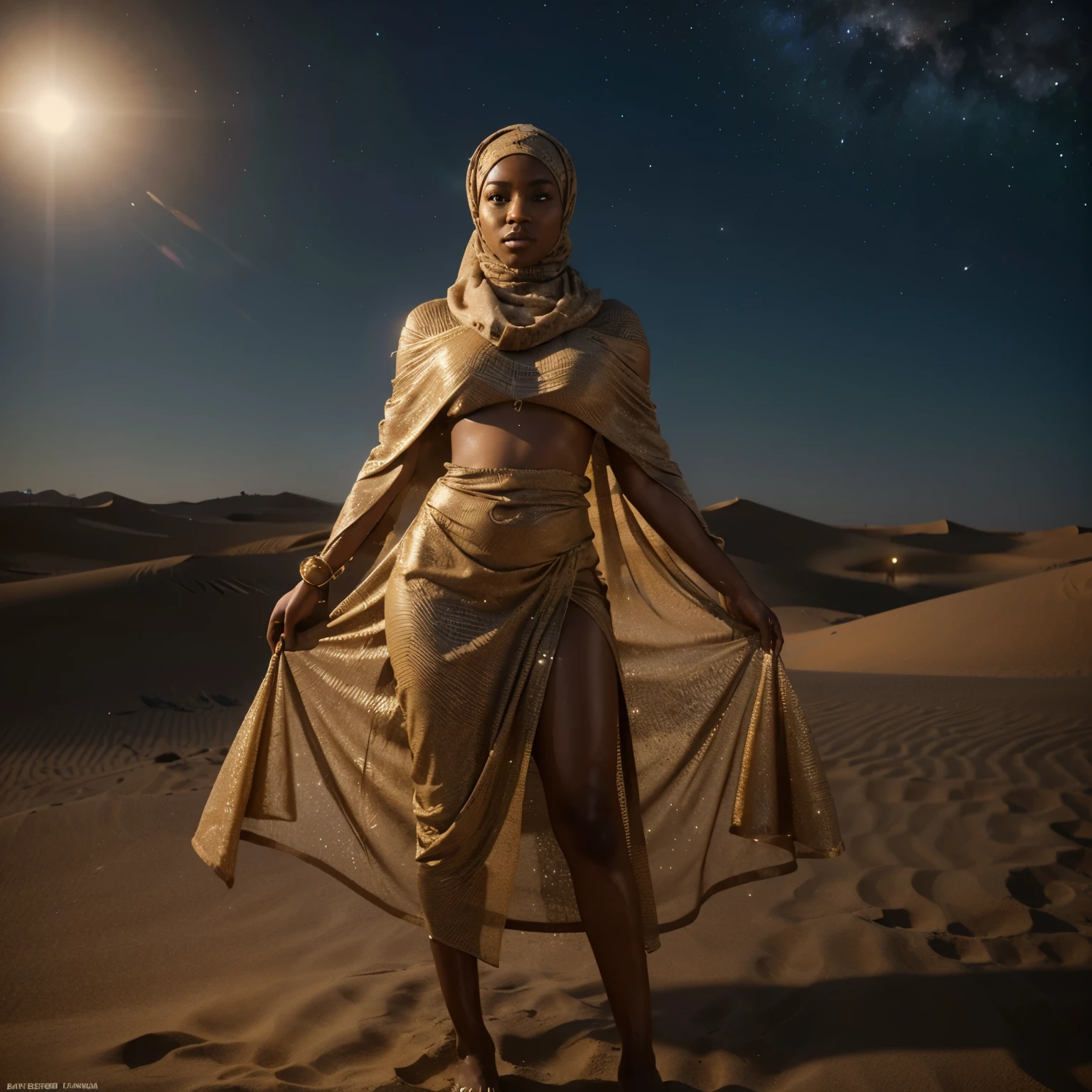 Full body shot of black woman wearing african designed hijab in the desert, surrounded by splashindlg sand dust, sand dune in background, night time with glowing sand particles lighting the scene, artgerm style, 32k, ultra HD, unreal engine rendered, hyper-realistic image