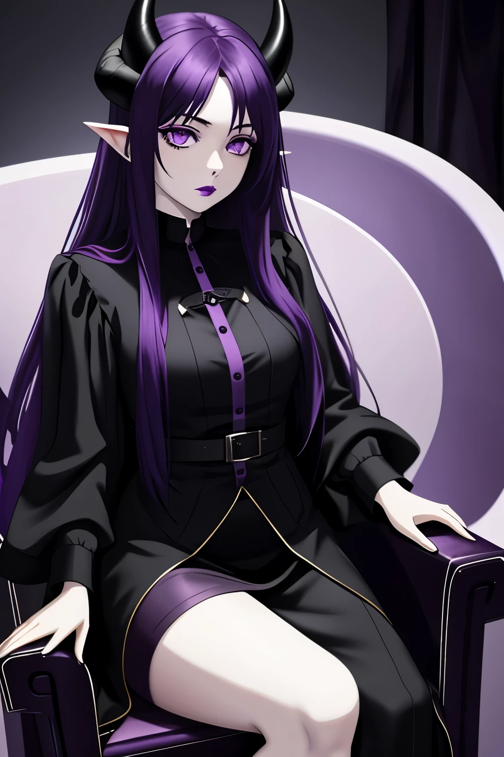 1girl, ghostly pale skin, long hair, black and purple hair, fantasy, purple horns, purple eyes, purple lipstick, black wings, sitting on throne, looking down at user, black cloth clothes, thighs showing, skin showing, intimidating