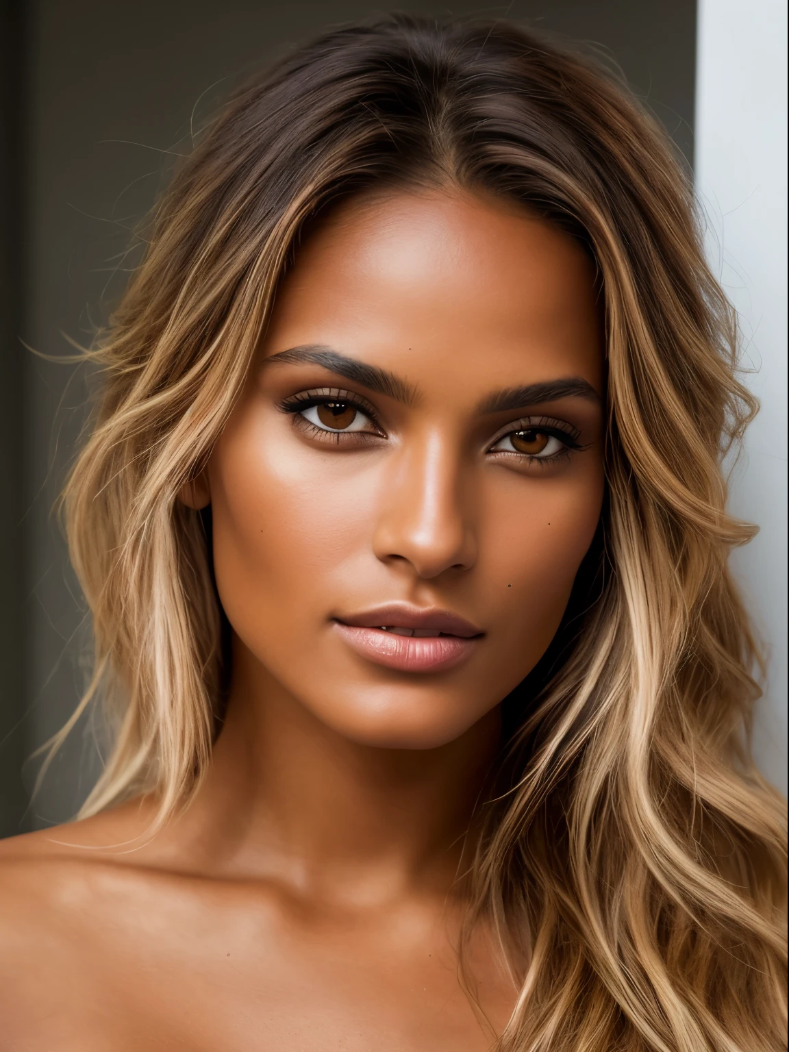 A photorealistic portrait of a stunningly beautiful tanned Brazilian female supermodel with light make-up, photo for the cover of a fashion magazine, extremely detailed light honey eyes, detailed symmetric realistic face, extremely detailed natural texture, peach fuzz, windy messy hair, sexy, masterpiece, absurdres, award winning photo by lee jeffries, nikon d850 film stock photograph, kodak portra 400 camera f1.6 lens, extremely detailed, amazing, fine detail, rich colors, hyper realistic lifelike texture, dramatic lighting, unrealengine, trending on artstation, cinestill 800 tungsten, looking at the viewer, photo realistic, RAW photo, TanvirTamim, high quality, highres, sharp focus, extremely detailed, cinematic lighting, 8k uhd,-imagine-