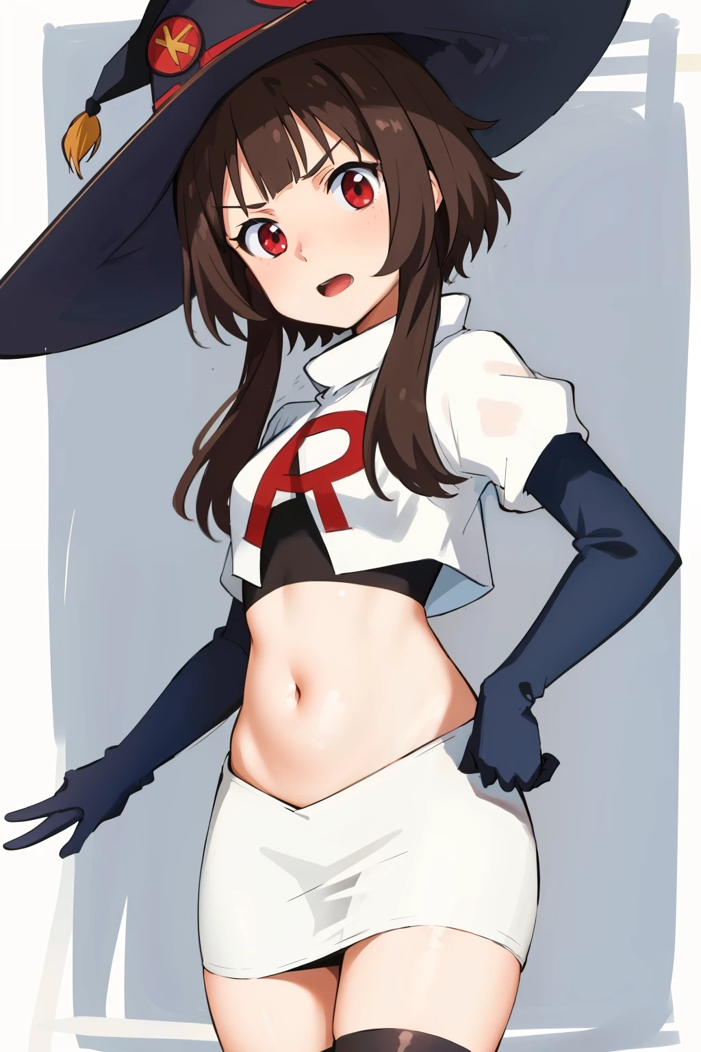 anime coloring, 
1girl, solo red eyes, brown hair,short hair with long locks, bangs,looking at viewer,cowboy shot,witch hat,team rocket,team rocket uniform,white skirt,crop top,black thigh-highs,black elbow gloves,
