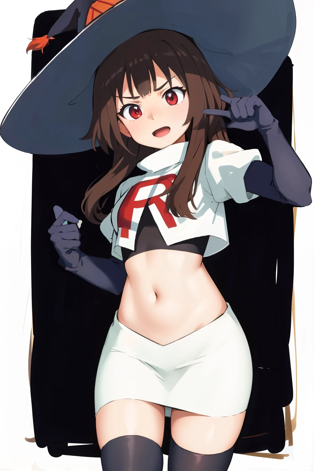 anime coloring,
1girl, solo red eyes, brown hair,short hair with long locks, bangs,looking at viewer,cowboy shot,witch hat,team rocket,team rocket uniform,white skirt,crop top,black thigh-highs,black elbow gloves,
