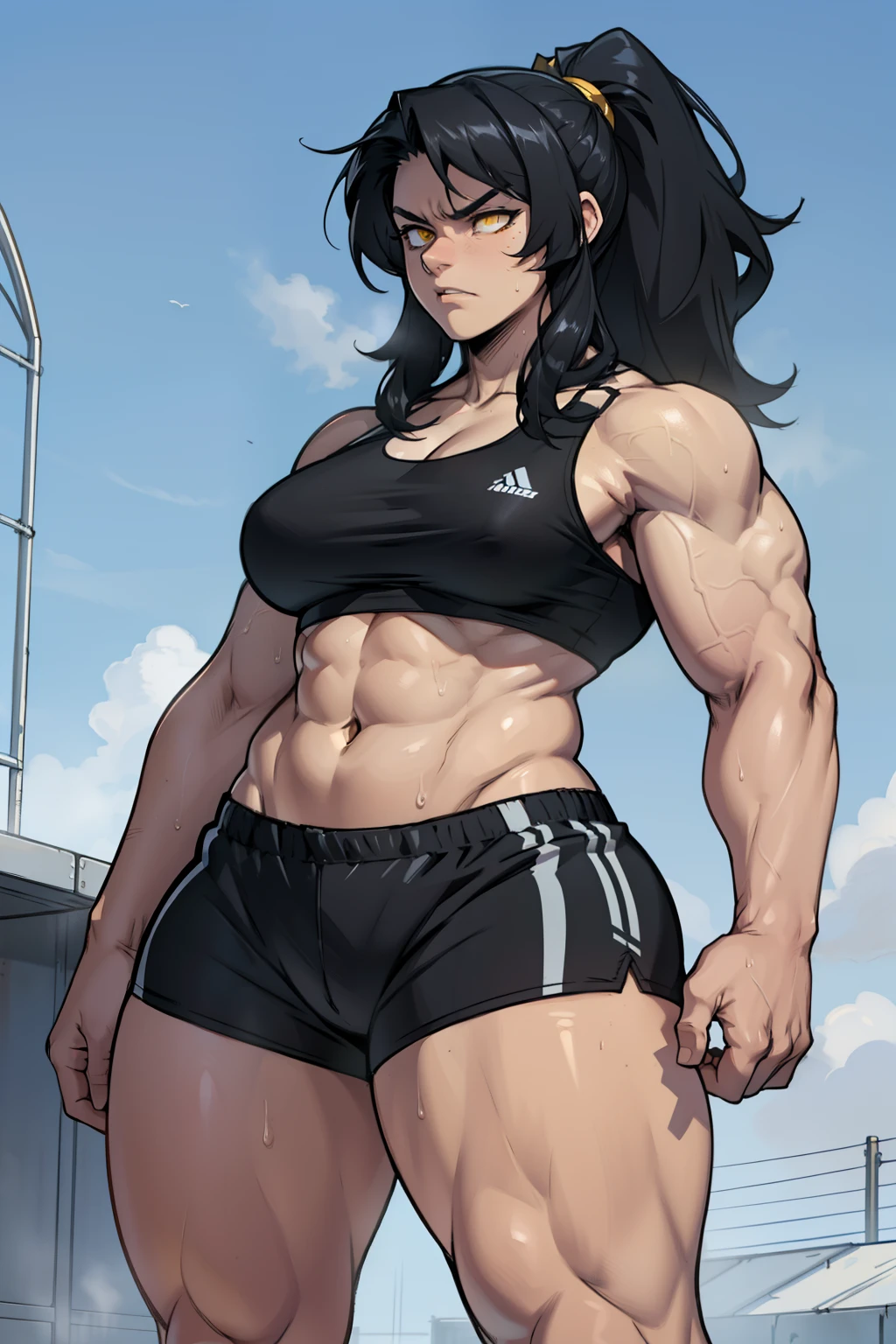 black hair, yellow eyes, solo, sweaty, shiny skin, angry, pale skin, (((muscular, 1girl))), curvy, thin waist, very long hair, short shorts, navel, sports bra