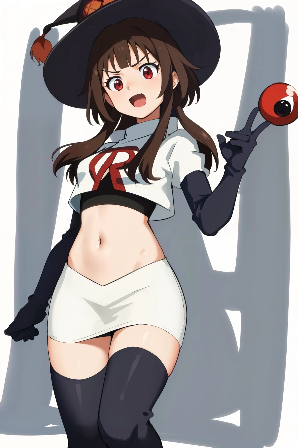 anime coloring, 
1girl, solo red eyes, brown hair,short hair with long locks, bangs,looking at viewer,cowboy shot,witch hat,team rocket,team rocket uniform,white skirt,crop top,black thigh-highs,black elbow gloves,
