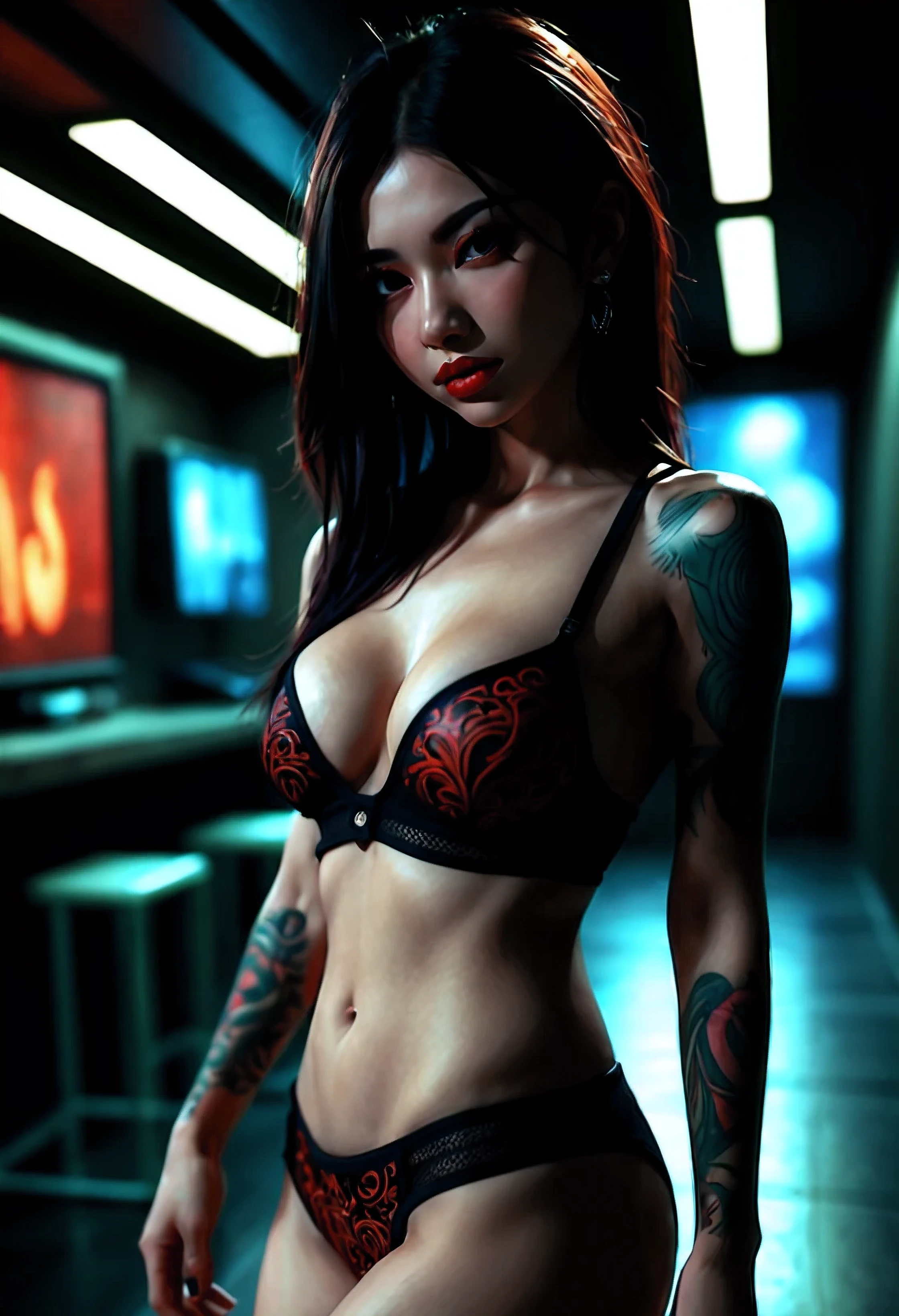 (detailed,
photo realistic,
4k textures,
intricate details,
2 girl,
wide shot,
cinamatic light.
full body portrait,
head to toes,
full body),
full body portrait of a Very hot American girl,
tattoos on her arms,
tattoos on het legs,
long legs and high heals,
long dark neon brown hair,
Transparent black lingerie,
beautiful breasts,
seductive large cleavage,
beautiful bright red eyes,
tattoos on her arms,
tattoos on het legs,
her skin slightly tanned,
designer high heals,
Sideway facing,
designer high heals,
dancing,
Dark evil underground club,
Walls filled with neon graffiti,
water spraying from above,
seductively smiling naughty,
Horny,
Bent over,
ass up,
dynamic lighting,
Photo Realistic textures,
water reflections,
light reflections,
skin reflections,
ray-tracing,
Focus sharp
