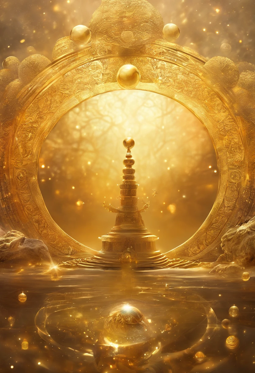 (best quality,highres,masterpiece:1.2),ultra-detailed,golden,detailed gold circles,gold sphere on top of circles,gold texture,shiny surface,reflection,seven half circles in golden color,small golden sphere on top of circles,brilliant gold,illuminated circles,rich textures,metallic sheen,vibrant colors,artistic lighting