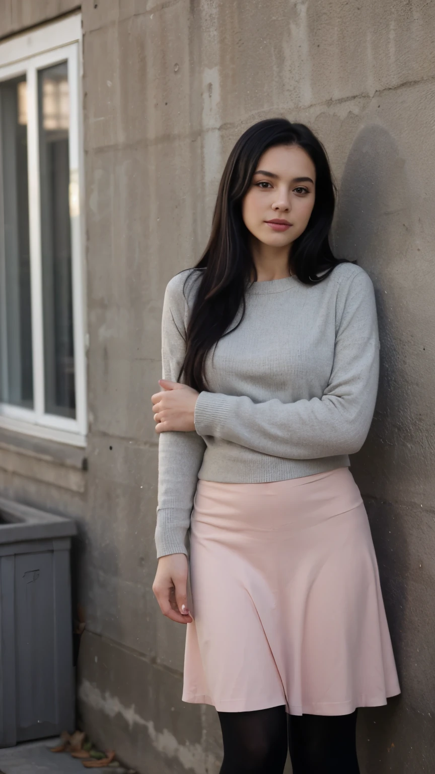 long skirt, business outfit, young girl, red tights, long black hair, warm clothes, full length, against the wall ((Best quality)), ((Masterpiece)), (detailed), perfect face