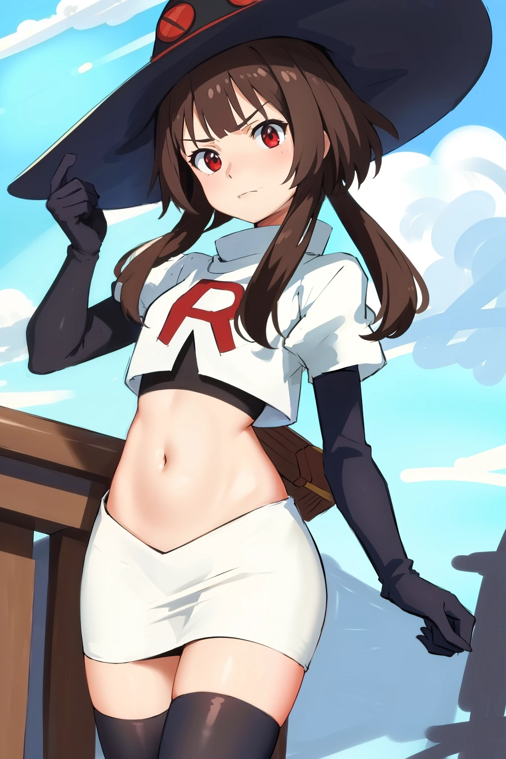 anime coloring, 
1girl, solo red eyes, brown hair,short hair with long locks, bangs,looking at viewer,cowboy shot,witch hat,team rocket,team rocket uniform,white skirt,crop top,black thigh-highs,black elbow gloves,
