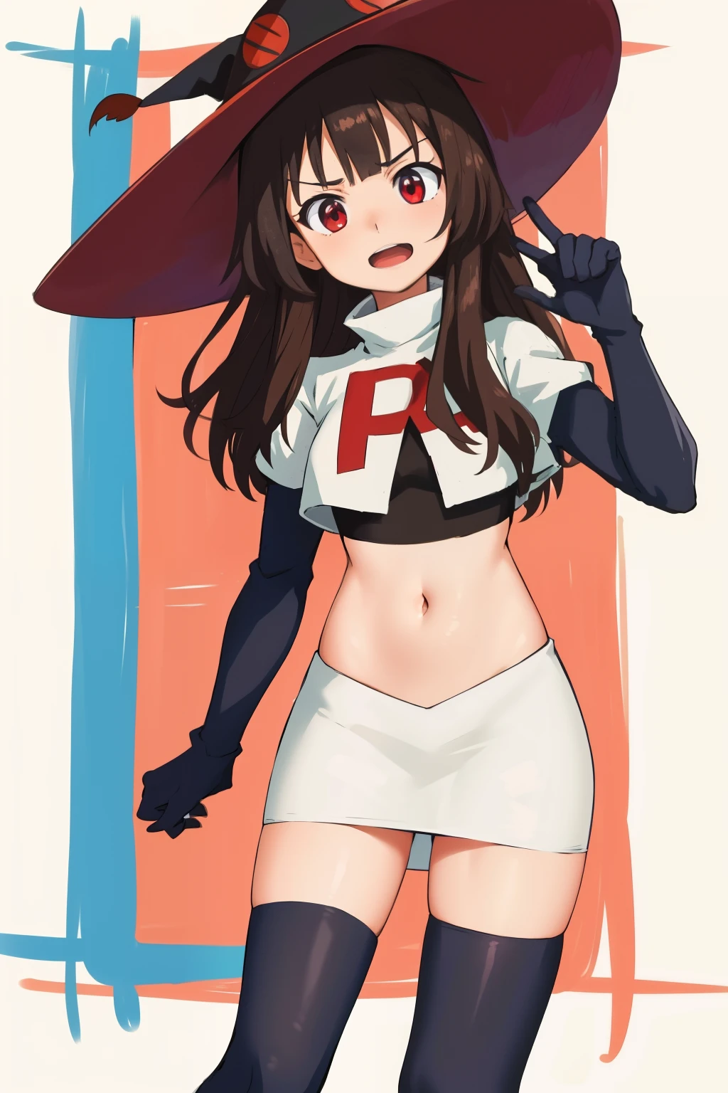 anime coloring,
1girl, solo red eyes, brown hair,short hair with long locks, bangs,looking at viewer,cowboy shot,witch hat,team rocket,team rocket uniform,white skirt,crop top,black thigh-highs,black elbow gloves,