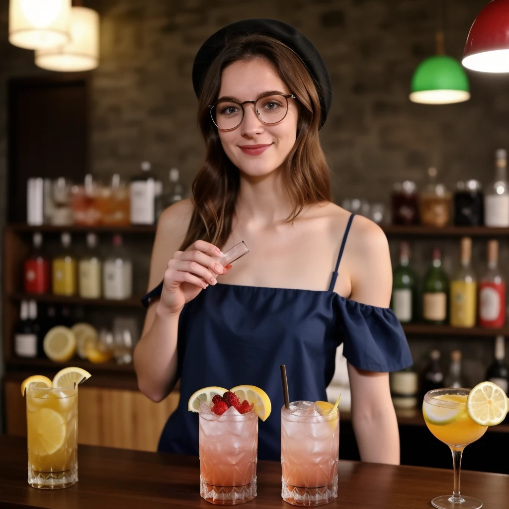 a woman with a hat, has finished drinking and carefully places her glass between the glass with the straw and the two middle glasses, mit neu gewachsenem Daumen, Her drink is red and almost empty, There are four drinks on the counter, eines links eines rechts und zwei in der mitte, sie steht in einer bar, an der theke, hinter dem tresen, In the background there are two shelves with spirits and underneath there is a shelf for lemons, der raum wird von vier lampen beleuchtet, eine Frau mit dem Namen: "Mia", (24 years old, with beautiful hands, like she plays the piano a lot, , she loves sport, 165 cm tall, Haar, lockiges Haar, green eyes, Sommersprossen, Passion for sports and adventure, Love of outdoor activities and enjoyment of healthy eating, she loves men and women, she loves all facets and details of sexuality ), zeige wie sie das glas vorsichtig auf den tresen stellt, die andere hand bleibt unter dem tresen
