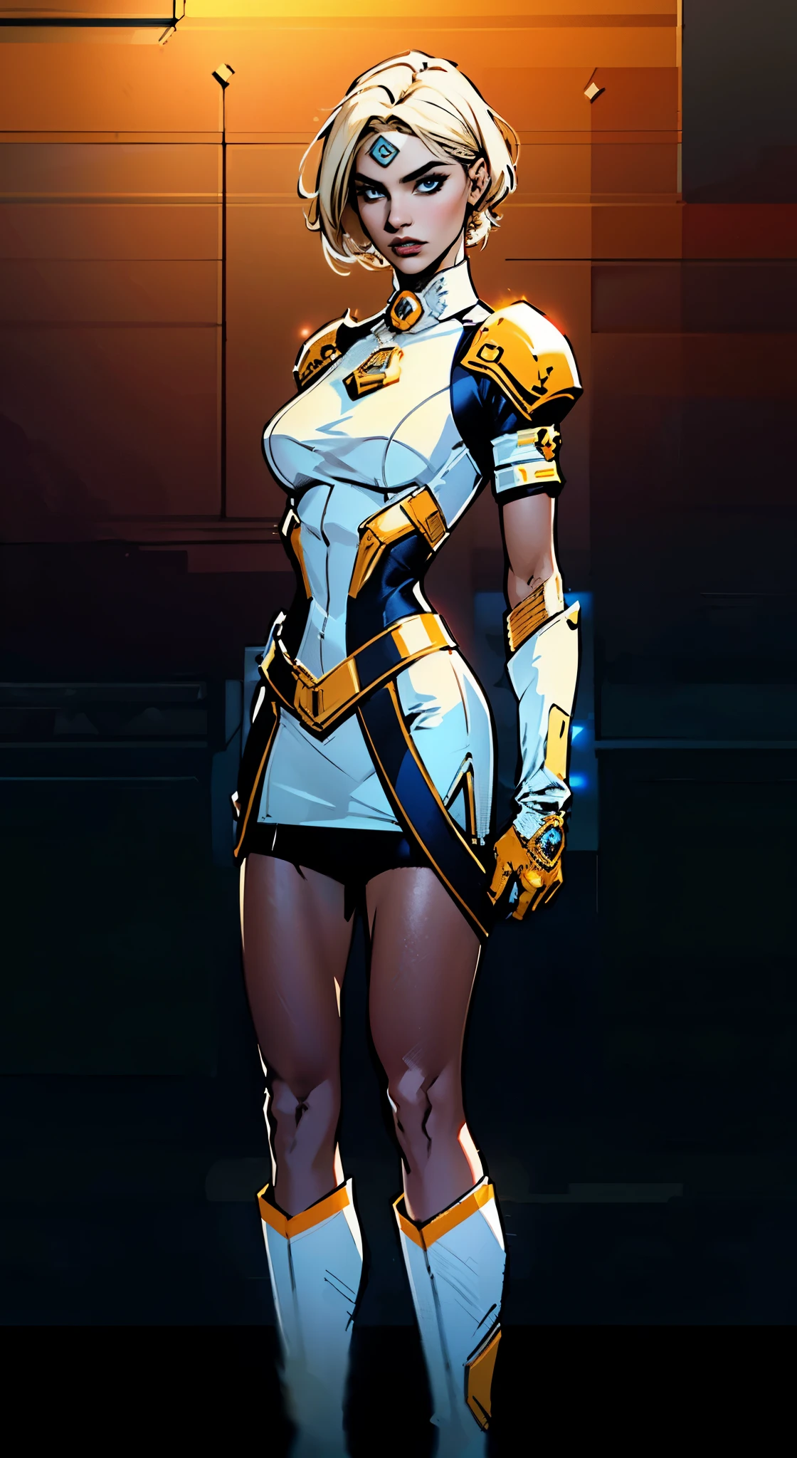 A girl with short light golden hair, a metal headband on her forehead, an icy gaze, a detached expression, a smooth and exquisite facial appearance, a sci-fi military uniform, white as the main color, complemented by blue and yellow accents, short sleeves, gloves, short skirt integrated with the outfit, dark fitted pants, knee-high military boots, standing in a futuristic sci-fi-styled room, Surrounded by AR virtual interfaces, this character embodies a finely crafted a futuristic sci-fi female officer in anime style, exquisite and mature manga art style, high definition, best quality, highres, ultra-detailed, ultra-fine painting, extremely delicate, professional, anatomically correct, symmetrical face, extremely detailed eyes and face, high quality eyes, creativity, RAW photo, UHD, 8k, Natural light, cinematic lighting, masterpiece-anatomy-perfect, masterpiece:1.5