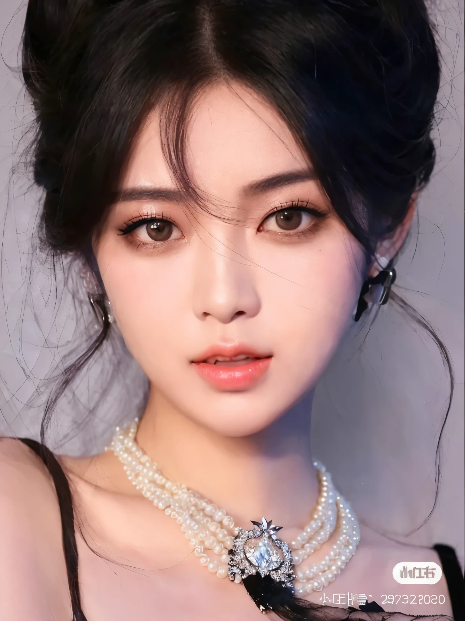 a close up of a woman wearing a necklace and a necklace with pearls, detailed face of an Asian girl, beautiful aesthetic face, Ulzzang, maquiagem coreana popular, Menina coreana, obras de arte no estilo de guweiz, inspirado em Yanjun Cheng, maquiagem sul-coreana popular, kawaii realista portrait, realista. Cheng Yi, Southeast Asian with round face