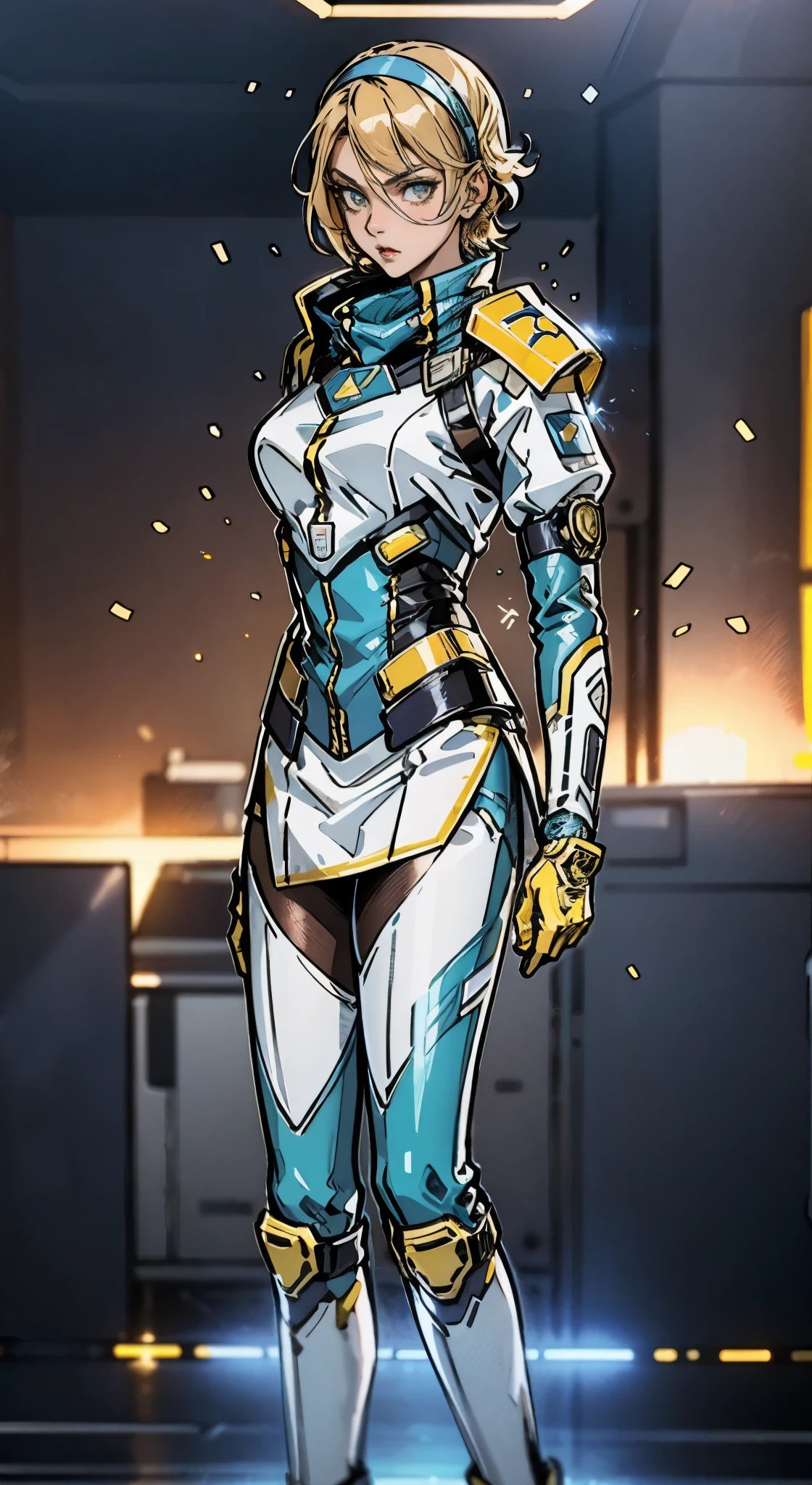 A girl with short light golden hair, a metal headband on her forehead, an icy gaze, a detached expression, a smooth and exquisite facial appearance, a sci-fi military uniform, white as the main color, complemented by blue and yellow accents, short sleeves, gloves, short skirt integrated with the outfit, dark fitted pants, knee-high military boots, standing in a futuristic sci-fi-styled room, Surrounded by AR virtual interfaces, this character embodies a finely crafted a futuristic sci-fi female officer in anime style, exquisite and mature manga art style, high definition, best quality, highres, ultra-detailed, ultra-fine painting, extremely delicate, professional, anatomically correct, symmetrical face, extremely detailed eyes and face, high quality eyes, creativity, RAW photo, UHD, 8k, Natural light, cinematic lighting, masterpiece-anatomy-perfect, masterpiece:1.5