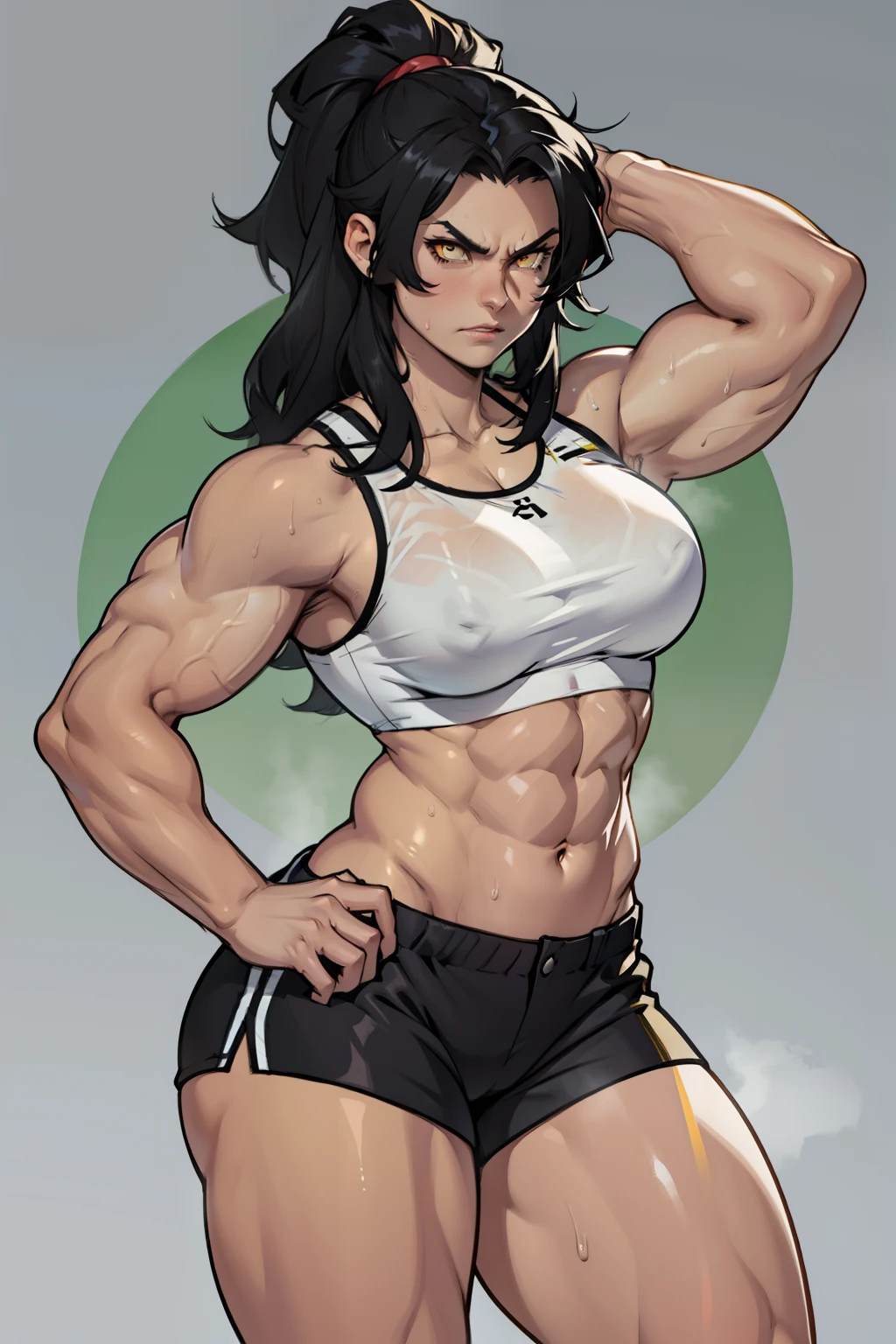 black hair, yellow eyes, solo, sweaty, shiny skin, angry, pale skin, (((muscular, 1girl))), curvy, thin waist, very long hair, short shorts, navel, sports bra