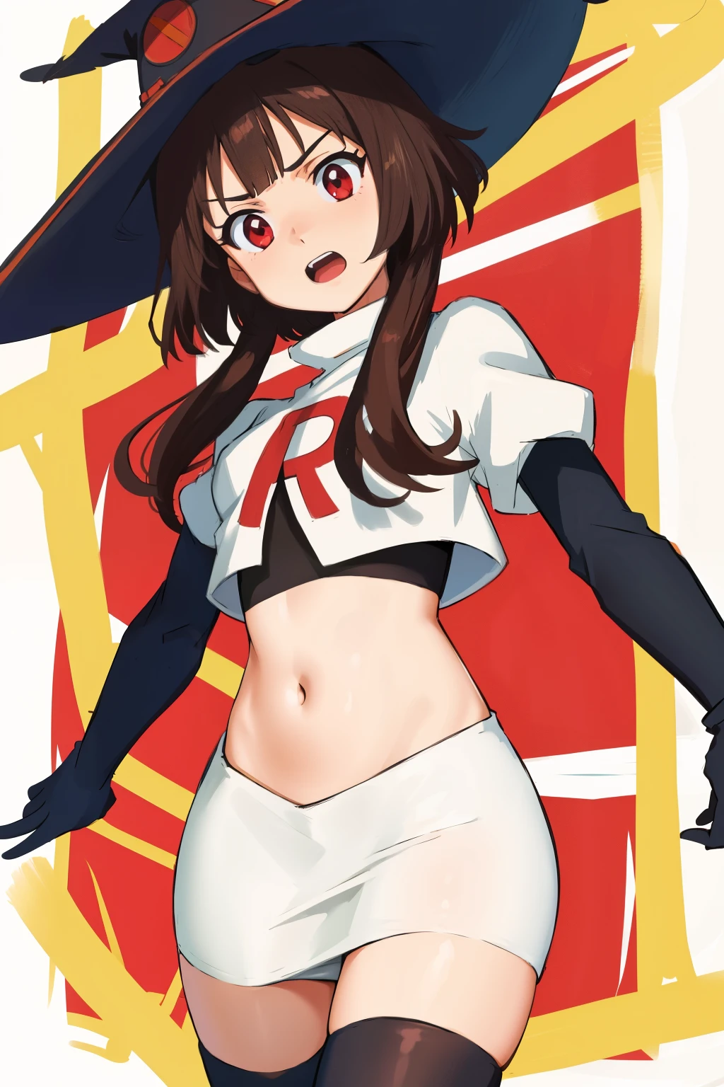 anime coloring, 
1girl, solo red eyes, brown hair,short hair with long locks, bangs,looking at viewer,cowboy shot,witch hat,team rocket,team rocket uniform,white skirt,crop top,black thigh-highs,black elbow gloves,
