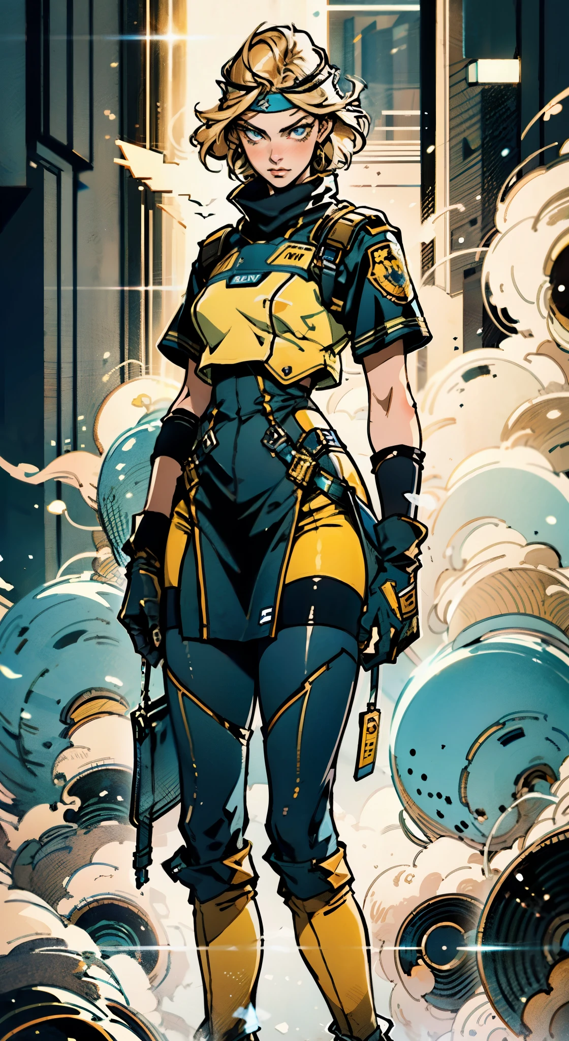 A girl with short light golden hair, a metal headband on her forehead, an icy gaze, a detached expression, a smooth and exquisite facial appearance, a sci-fi military uniform, white as the main color, complemented by blue and yellow accents, short sleeves, gloves, short skirt integrated with the outfit, dark fitted pants, knee-high military boots, standing in a futuristic sci-fi-styled room, Surrounded by AR virtual interfaces, this character embodies a finely crafted a futuristic sci-fi female officer in anime style, exquisite and mature manga art style, high definition, best quality, highres, ultra-detailed, ultra-fine painting, extremely delicate, professional, anatomically correct, symmetrical face, extremely detailed eyes and face, high quality eyes, creativity, RAW photo, UHD, 8k, Natural light, cinematic lighting, masterpiece-anatomy-perfect, masterpiece:1.5