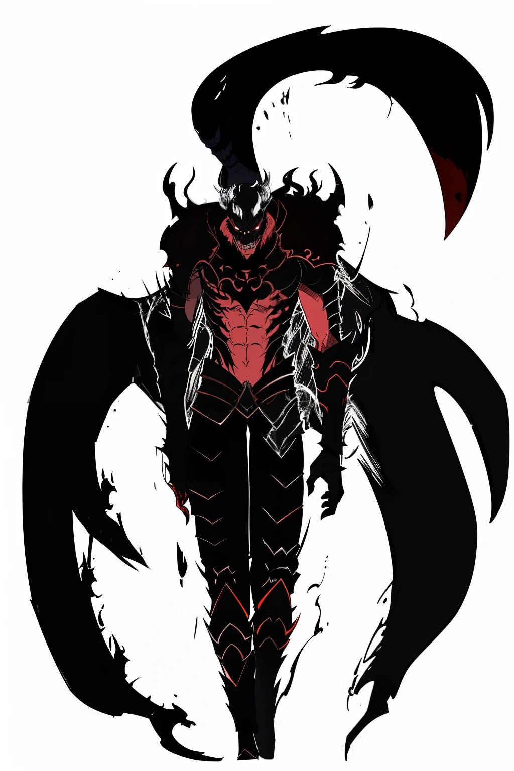 a drawing of a demon with a large black tail and a red face, full body savage devilman, berserk skullknight black armor, demonic dragon inspired armor, devilman, cyborg satan, nge dark fantasy, chaos nightmare ❄️ amour venom, berserk guts, guts berserk, draconic looking armor, dark soul concept, the dark lord sauron