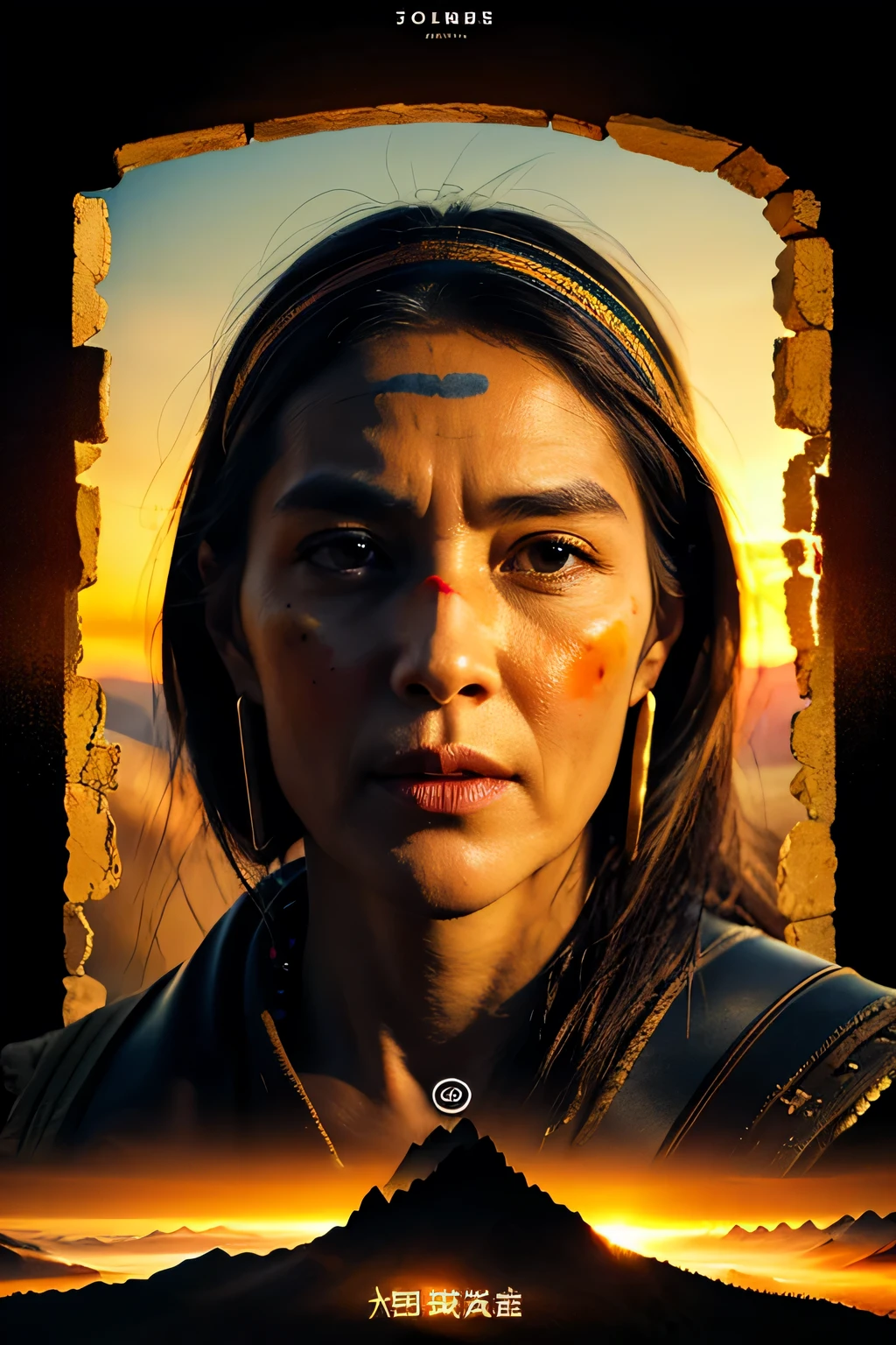 Masterpiece, best quality), 8k poster, high detail of the eyes, the composition is done to the waist of the shaman, skin detailing, pores, the shaman in his hand holds out a black jar, poster, shaman of the northern people against the sunset in the mountains, high detail, shaman, fire, black vessel with a mummy