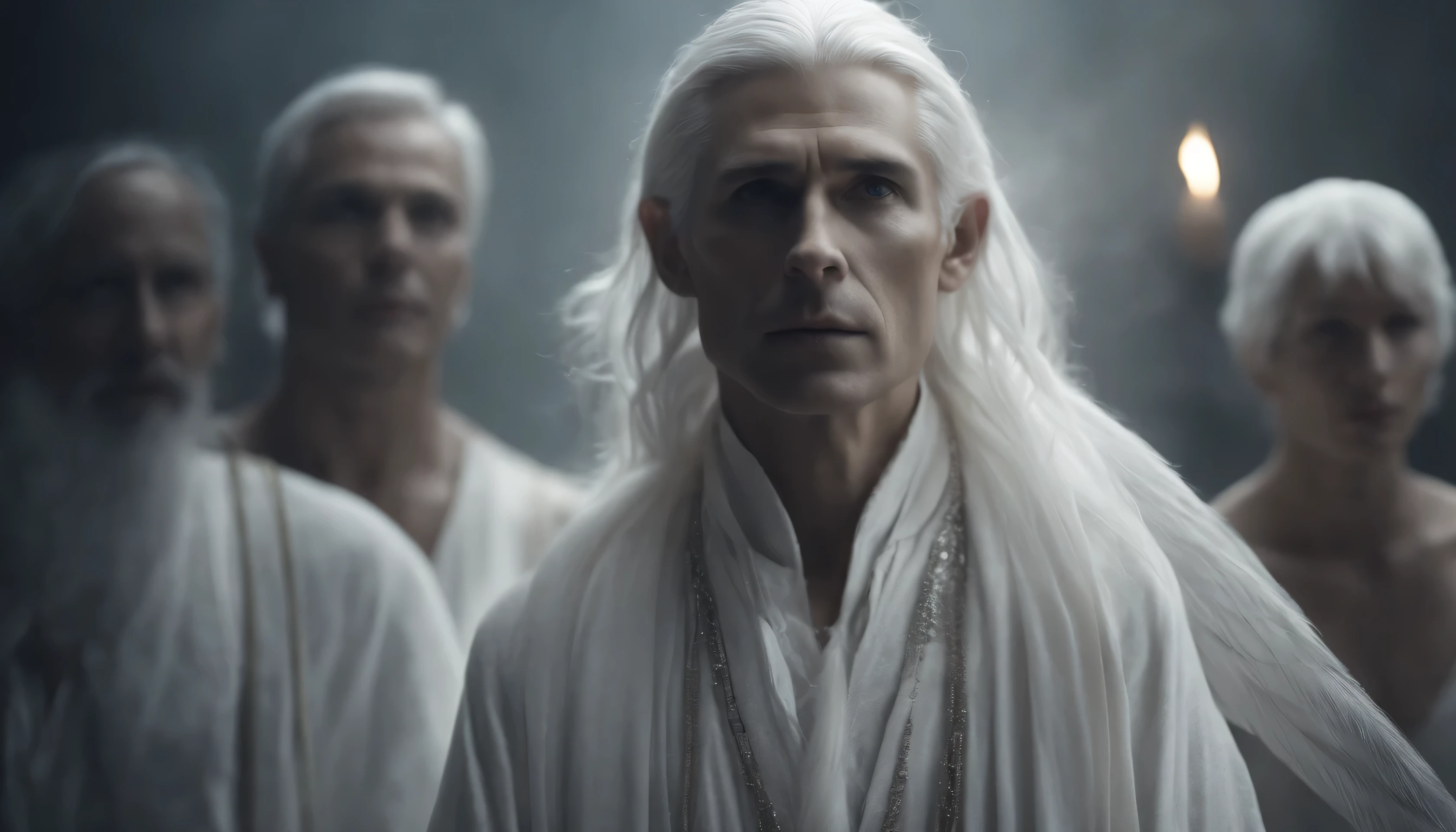 hyperrealistic, fantasy art, four magical beings, slender and mysterious, anthropomorphic in composition, dressed completely in white and with white hair. His skin is the color of ash