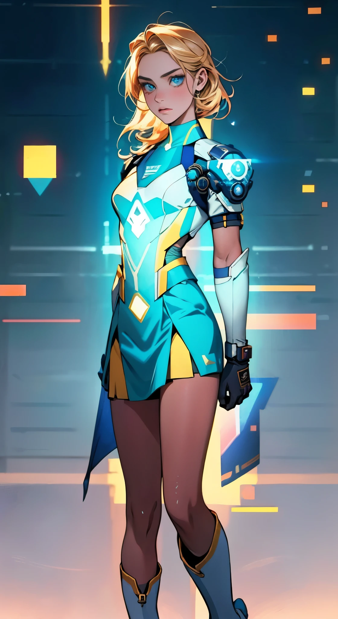 A girl with short light golden hair, a metal headband on her forehead, an icy gaze, a detached expression, a smooth and exquisite facial appearance, a sci-fi military uniform, white as the main color, complemented by blue and yellow accents, short sleeves, gloves, short skirt integrated with the outfit, dark fitted pants, knee-high military boots, standing in a futuristic sci-fi-styled room, Surrounded by AR virtual interfaces, this character embodies a finely crafted a futuristic sci-fi female officer in anime style, exquisite and mature manga art style, high definition, best quality, highres, ultra-detailed, ultra-fine painting, extremely delicate, professional, anatomically correct, symmetrical face, extremely detailed eyes and face, high quality eyes, creativity, RAW photo, UHD, 8k, Natural light, cinematic lighting, masterpiece--perfect, masterpiece:1.5