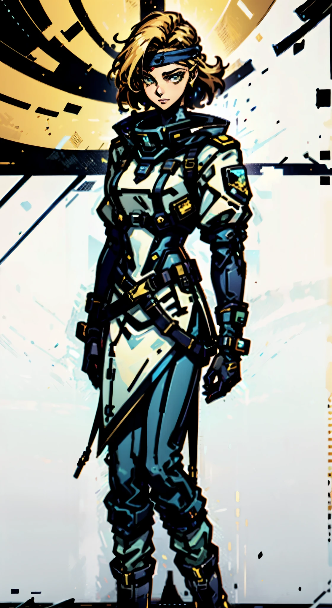 A girl with short light golden hair, a metal headband on her forehead, an icy gaze, a detached expression, a smooth and exquisite facial appearance, a sci-fi military uniform, white as the main color, complemented by blue and yellow accents, short sleeves, gloves, short skirt integrated with the outfit, dark fitted pants, knee-high military boots, standing in a futuristic sci-fi-styled room, Surrounded by AR virtual interfaces, this character embodies a finely crafted a futuristic sci-fi female officer in anime style, exquisite and mature manga art style, high definition, best quality, highres, ultra-detailed, ultra-fine painting, extremely delicate, professional, anatomically correct, symmetrical face, extremely detailed eyes and face, high quality eyes, creativity, RAW photo, UHD, 8k, Natural light, cinematic lighting, masterpiece-anatomy-perfect, masterpiece:1.5