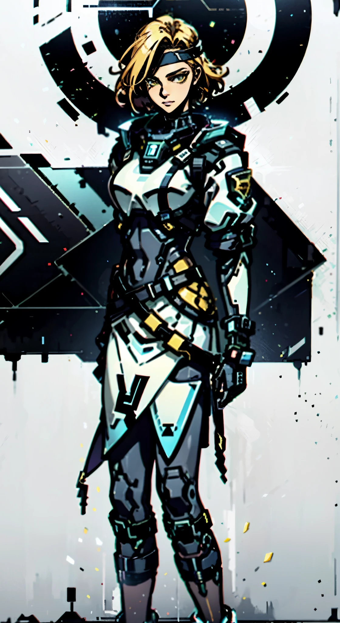 A girl with short light golden hair, a metal headband on her forehead, an icy gaze, a detached expression, a smooth and exquisite facial appearance, a sci-fi military uniform, white as the main color, complemented by blue and yellow accents, short sleeves, gloves, short skirt integrated with the outfit, dark fitted pants, knee-high military boots, standing in a futuristic sci-fi-styled room, Surrounded by AR virtual interfaces, this character embodies a finely crafted a futuristic sci-fi female officer in anime style, exquisite and mature manga art style, high definition, best quality, highres, ultra-detailed, ultra-fine painting, extremely delicate, professional, anatomically correct, symmetrical face, extremely detailed eyes and face, high quality eyes, creativity, RAW photo, UHD, 8k, Natural light, cinematic lighting, masterpiece-anatomy-perfect, masterpiece:1.5