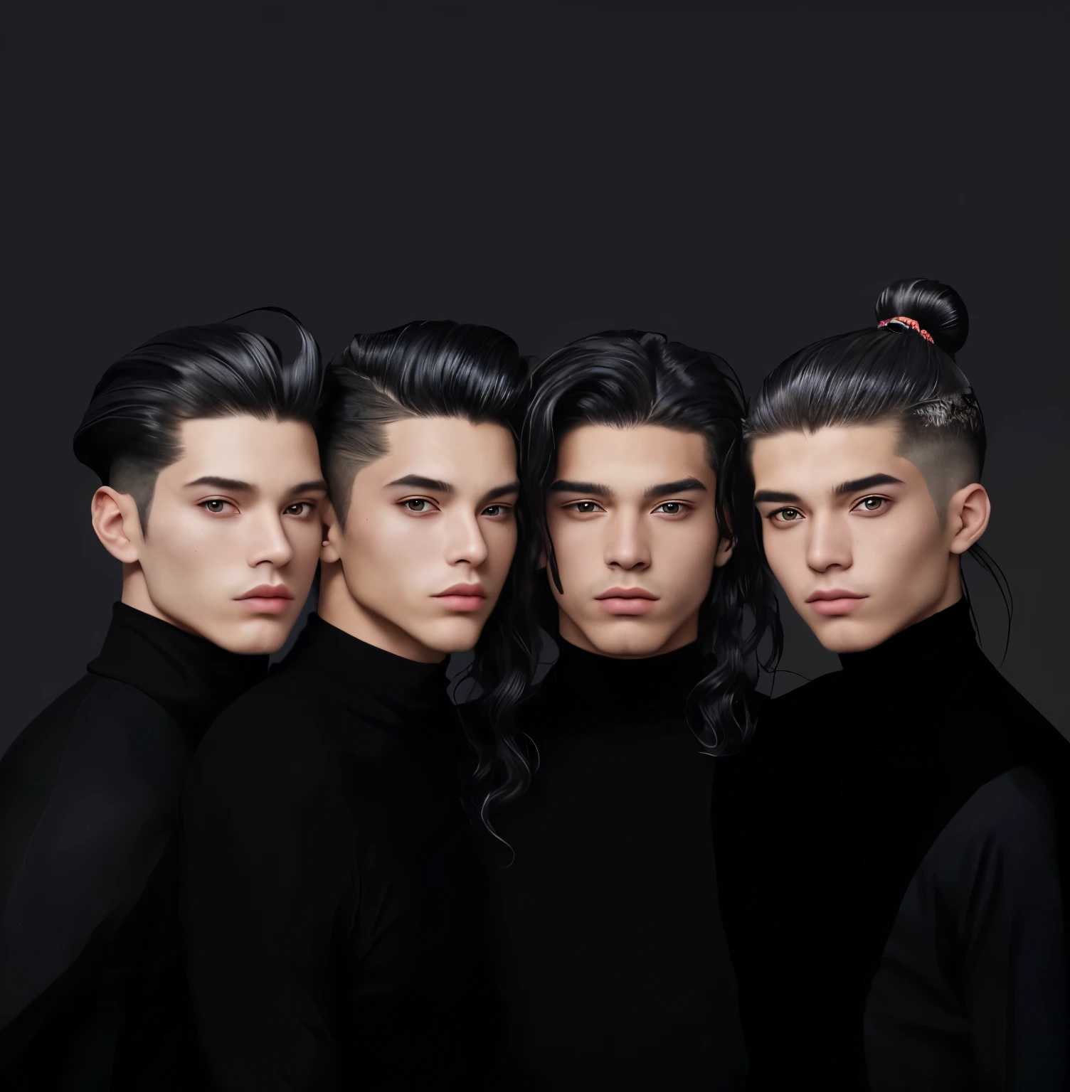 4 sexy 20 year old twinks all wear a black turtleneck with long sleeves. tropical Latin boys, the first one on the left has a flow haircut, the second one from right to left has a quiff haircut, the third one from right to left has long curly hair, the fourth one from right to left has samurai bun hair with gradient sides. All four are together, photoshoot, fashion editorial, close-up on the bust and face.