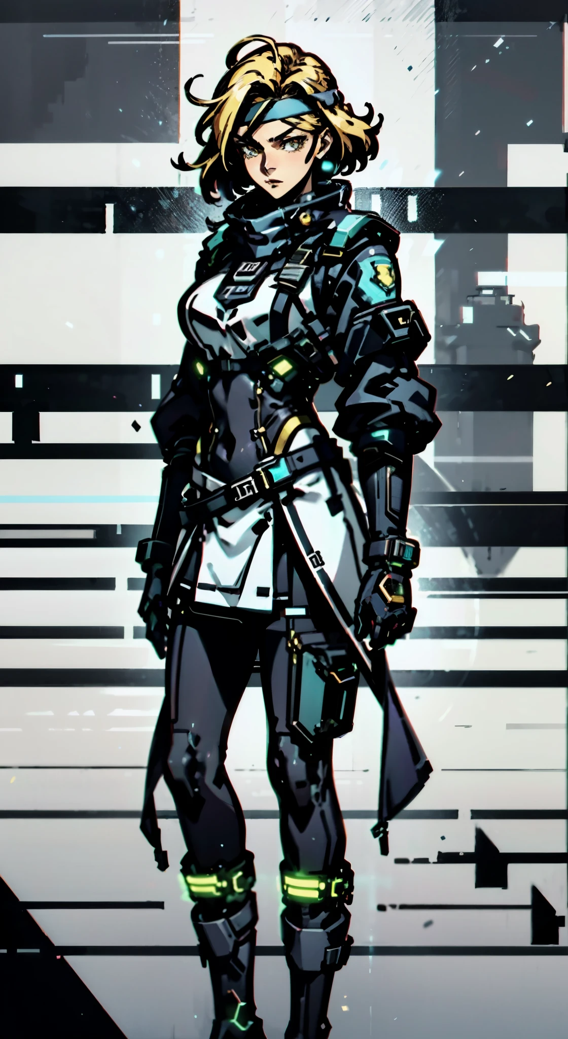 A girl with short light golden hair, a metal headband on her forehead, an icy gaze, a detached expression, a smooth and exquisite facial appearance, a sci-fi military uniform, white as the main color, complemented by blue and yellow accents, short sleeves, gloves, short skirt integrated with the outfit, dark fitted pants, knee-high military boots, standing in a futuristic sci-fi-styled room, Surrounded by AR virtual interfaces, this character embodies a finely crafted a futuristic sci-fi female officer in anime style, exquisite and mature manga art style, high definition, best quality, highres, ultra-detailed, ultra-fine painting, extremely delicate, professional, anatomically correct, symmetrical face, extremely detailed eyes and face, high quality eyes, creativity, RAW photo, UHD, 8k, Natural light, cinematic lighting, masterpiece-anatomy-perfect, masterpiece:1.5