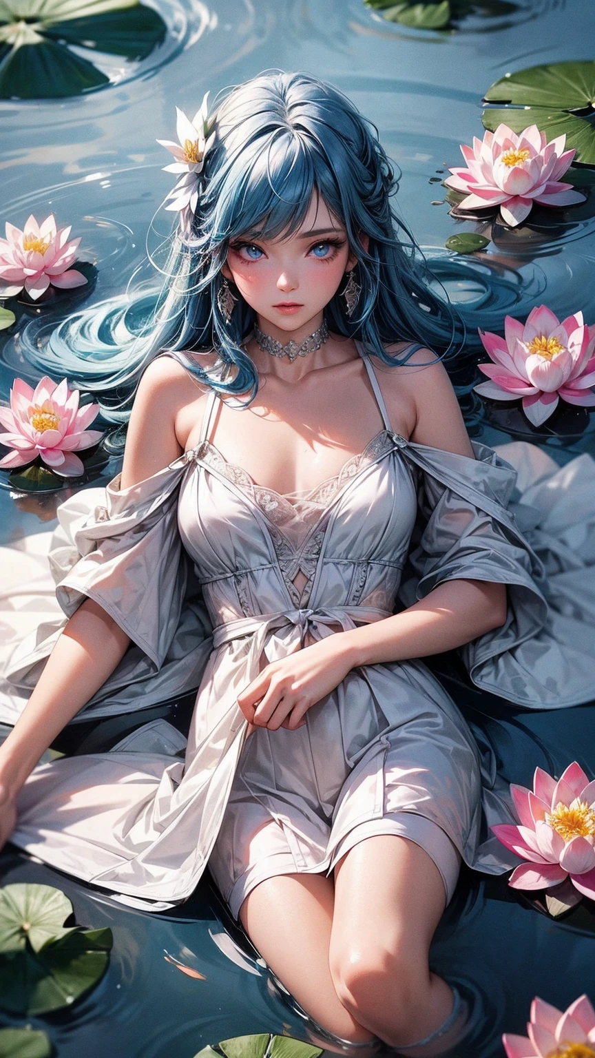 A girl floting on lotus lake, lake is full of lotus, colourfull lotus, water shining, girl wearing white dress, holding lotus, she have blue hair, blue eyes, double eyelashes, eyeshadow, pink lipstick, nose, collar bone, high quality image, masterpiece quality, ultra detailed image, super detailed image, 32k 64k, 1080p, sharp image, high resolution, 
