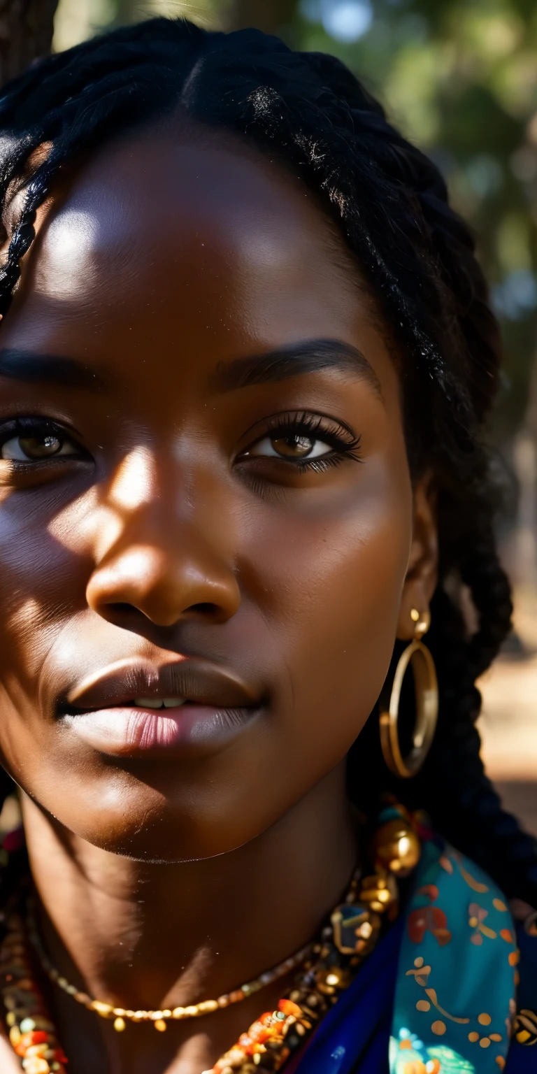 A hyper-realistic photograph of of face of a 15th century African warrior, taken with a professional camera. She is standing, holding a spear in her right hand, and looking ahead with determination. She wears typical combat attire of African tribes, such as a colorful turban, a bead necklace, a leather vest, a printed fabric skirt and metal bracelets. She has dark skin, braided hair and simple makeup. The background is a natural landscape, with trees, rocks and blue sky.
 RAW, beautiful woman, (very long wavy brown hair), ((detailed face)), ((detailed facial features)), (fine skin), pale skin, shot with Canon EOS R5, 50mm lens, f/2.8, HDR, (wallpaper) (cinematic lighting) (dramatic lighting) (sharp focus) (complex), (face close-up), realistic shadows, hyper-realistc.