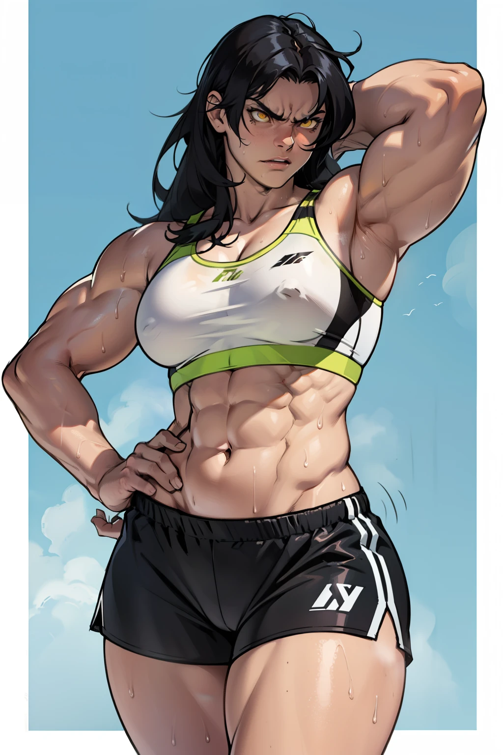 black hair, yellow eyes, solo, sweaty, shiny skin, angry, pale skin, (((muscular, 1girl))), curvy, thin waist, very long hair, short shorts, navel, sports bra