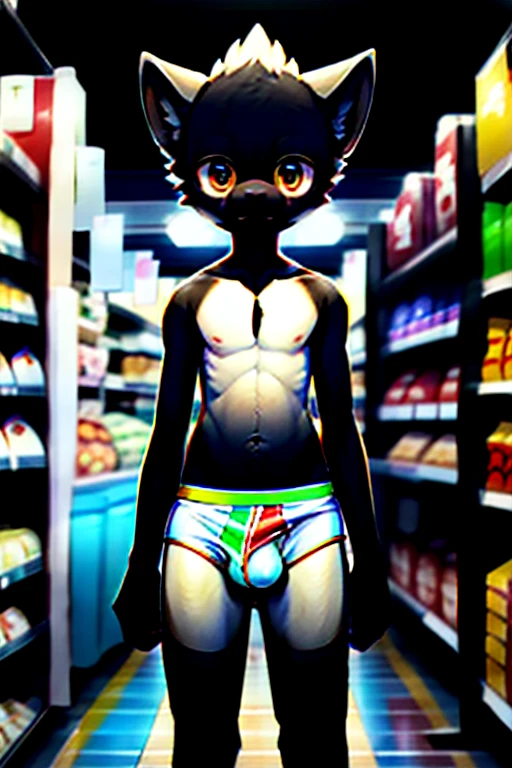 hi-res, good graphics, great anatomy, anatomically correct, detailed body, digital art, wolf, character design, body type: twink/underweight, wearing: briefs, background: supermarket, (artists: syuro, yupa, puggy), NSFW, balls, sheath, character age: 8