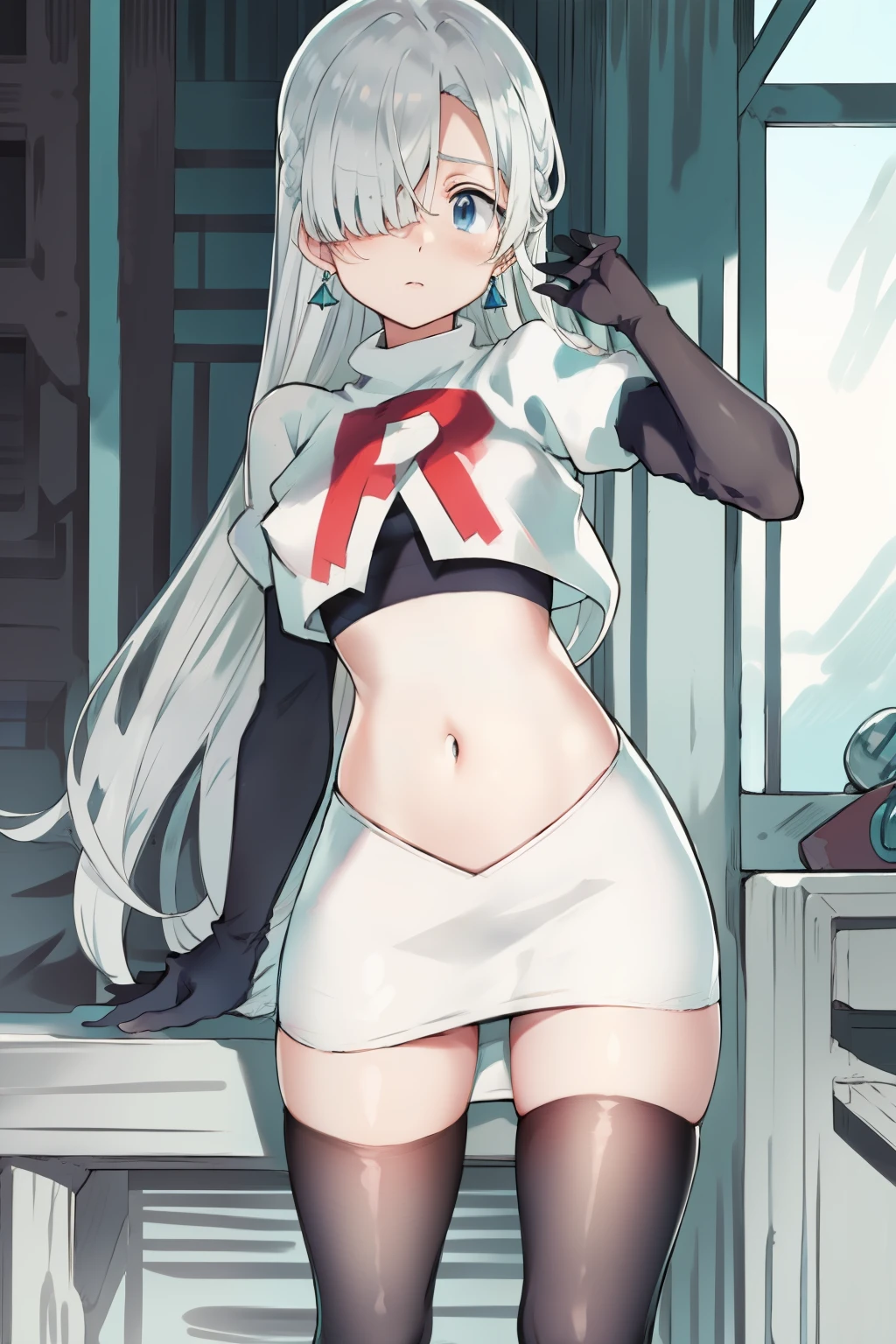 Silver hair, blue eyes, light skin, turquoise earrings, (covered eye by hair:1.3), Elizabeth, team rocket,team rocket uniform,white skirt,crop top,black thigh-highs,black elbow gloves,