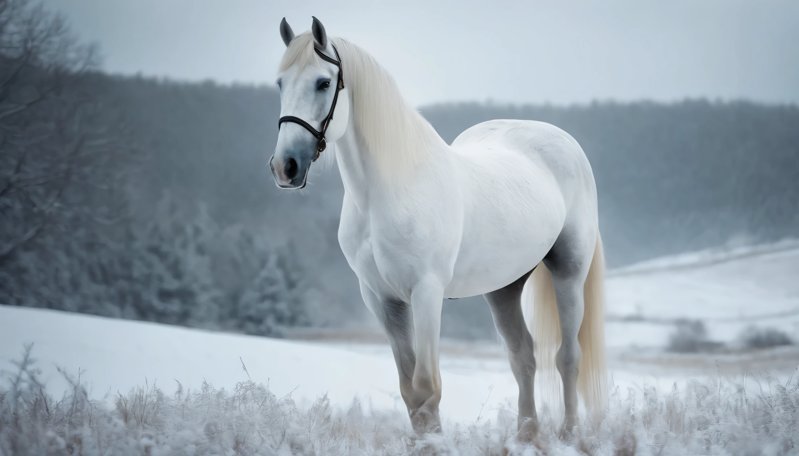 hyperrealistic, fantasy art, a majestic white horse in a cold and snowy landscape