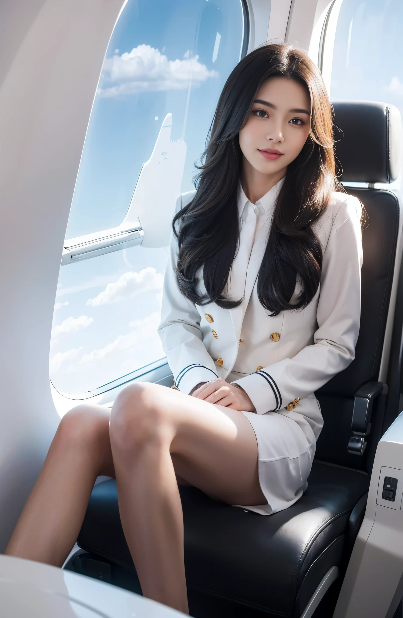 (best quality,4k,8k,highres,masterpiece:1.2),ultra-detailed,(realistic,photorealistic,photo-realistic:1.37),HDR,UHD,studio lighting,physically-based rendering,extreme detail description,professional,vivid colors,bokeh,portraits,beautiful detailed eyes,beautiful detailed lips,extremely detailed eyes and face,longeyelashes,medium:airbrushing technique,soft skin texture,long flowing hair,perfectly shaped eyebrows,impeccable makeup,gleaming white teeth,sparkling eyes,symmetrical features,flawless complexion,toned bodies,fit and elegant posture,captivating smile,sleek and well-groomed hair,crisp and pressed uniform,fashionable accessories,glossy stockings,stunning high heels,stylish cabin crew's outfit,spacious and clean cabin,modern and well-designed seat,comfortable seating arrangement,polished and shiny airplane interior,peaceful and serene atmosphere,clear and wide windows,clean and polished tray table,refreshing cabin ambiance,azure blue sky,fluffy white clouds,mid-flight view,pleasant in-flight experience,majestic aerial landscape,stunning aerial photography,scenic airplane wing,glistening sunlight,subtle shadows,relaxing and smooth journey,engaging and helpful demeanor,friendly and warm customer service,attentive and efficient crew members,confident and professional approach,calm and composed behavior,meticulous and organized service,meticulous and spotless environment