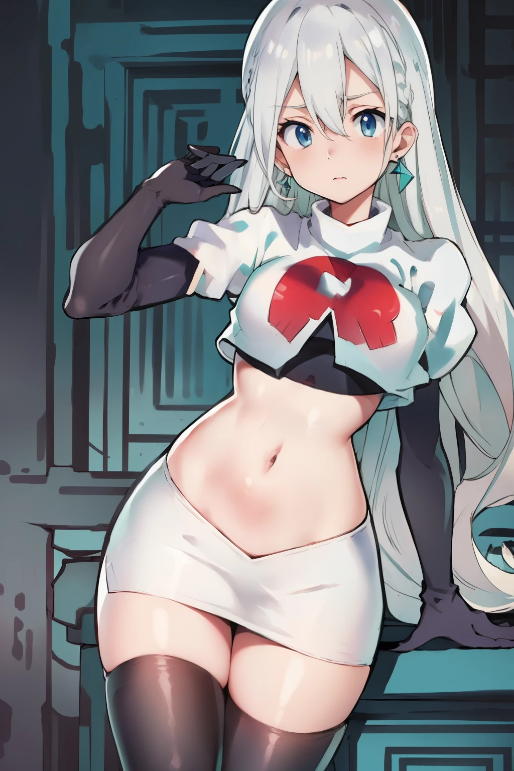 Silver hair, blue eyes, light skin, turquoise earrings, (covered eye by hair:1.3), Elizabeth, team rocket,team rocket uniform,white skirt,crop top,black thigh-highs,black elbow gloves,