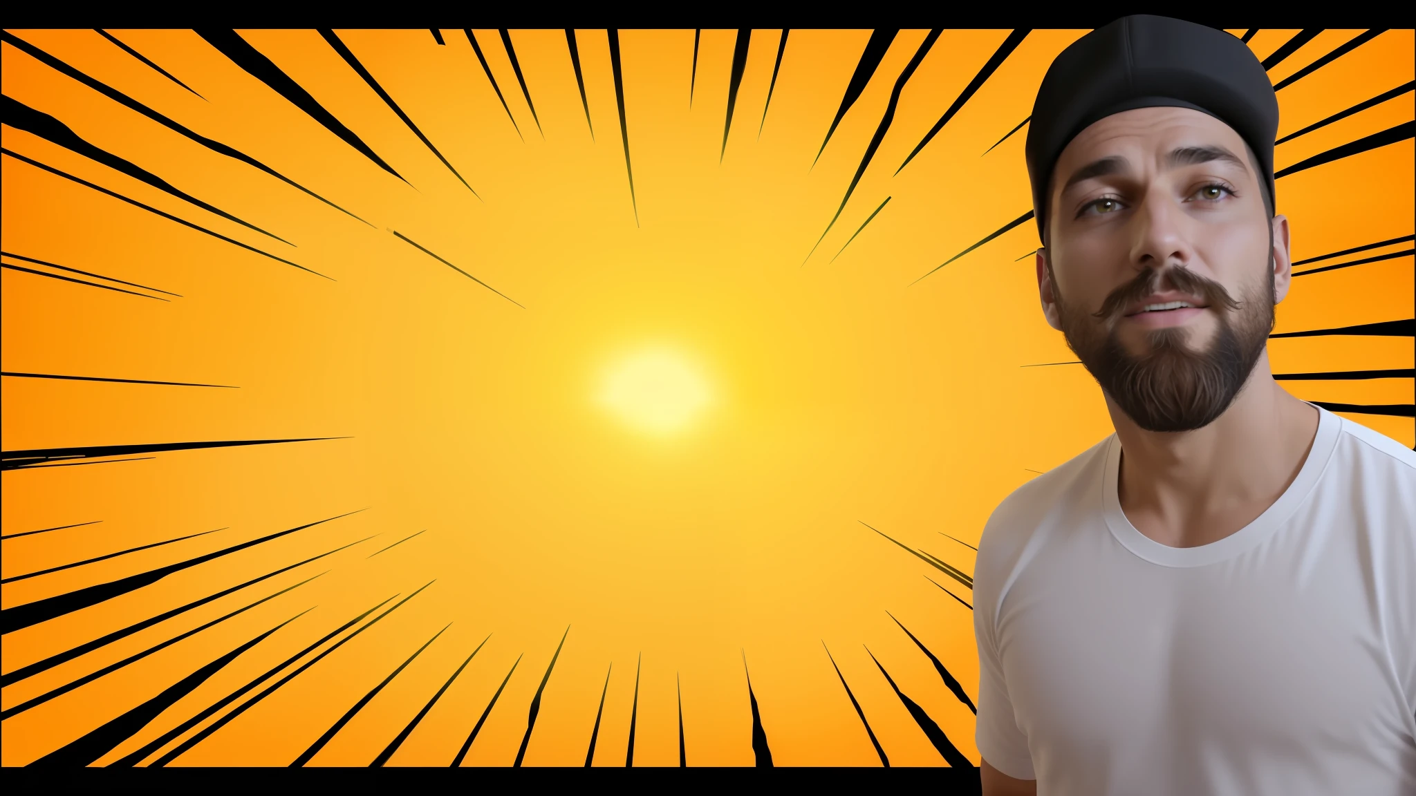 there is a man with a beard and a hat on, explosion in the background, background explosion, exploding background, explosion in background, epic background, the background is on fire, explosion background, yellow background beam, explosive background, cool background, on simple background, background hyper detailed, yellow backdrop, low quality footage, plain studio background, flames in the background