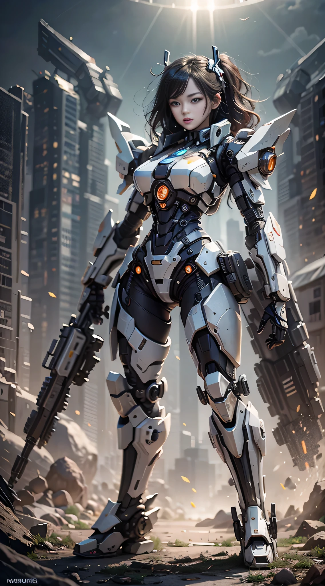 ((Best Quality)), ((Masterpiece)), (Very Detailed: 1.3), 3D, Icaru valkirie-mecha, Beautiful cyberpunk woman using crown, sci-fi technology, HDR (High Dynamic Range), ray tracing, nvidia RTX, super resolution, unreal 5, subsurface scattering, PBR texture, post-processing, anisotropic filtering, depth of field, maximum sharpness and sharpness, multi-layer texture, specular and albedo mapping, surface shading, accurate simulation of light-material interactions, perfect proportions, octane rendering, duotone lighting, low ISO, white balance, rule of thirds, wide aperture, 8K RAW, high efficiency subpixels, subpixel convolution, light particles, light scattering, Tyndall effect, very sexy, full body, battle pose, black hair with braids,