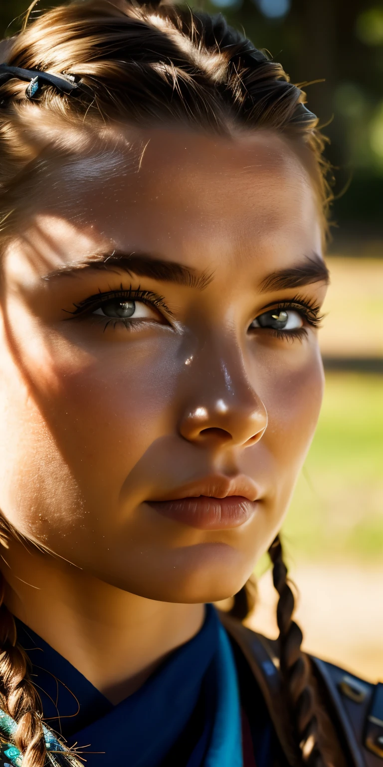 A hyper-realistic photograph of of face of a 15th century VIKING warrior, taken with a professional camera. She is standing, holding a spear in her right hand, and looking ahead with determination. She wears typical combat attire of Viking tribes, a bead necklace, a leather vest, a printed fabric skirt and metal bracelets. braided hair and war makeup. The background is a natural landscape, with trees, rocks and blue sky.
 RAW, beautiful woman, (very long wavy brown hair), ((detailed face)), ((detailed facial features)), (fine skin), pale skin, shot with Canon EOS R5, 50mm lens, f/2.8, HDR, (wallpaper) (cinematic lighting) (dramatic lighting) (sharp focus) (complex), (face close-up), realistic shadows, hyper-realistc.