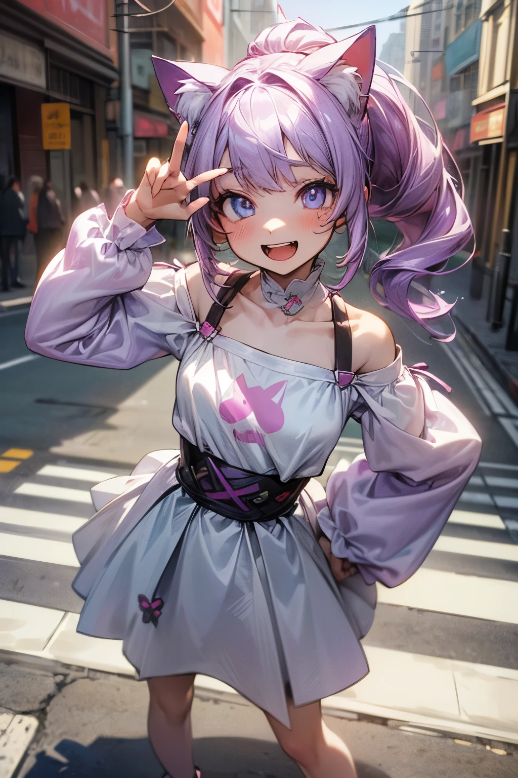((Masterpiece)), ((best quality)), (Photorealsitic:1.3), (super detailed), (standing on road), open mouth and laughing, 1girl, cute girl, (Vibrant Pose), (put on cat ears), messy long ponytail, pale purple hair, cute eyes, (white sleeves), (Off-shoulder long sleeves), city street, high res, ((beautiful eyes)),