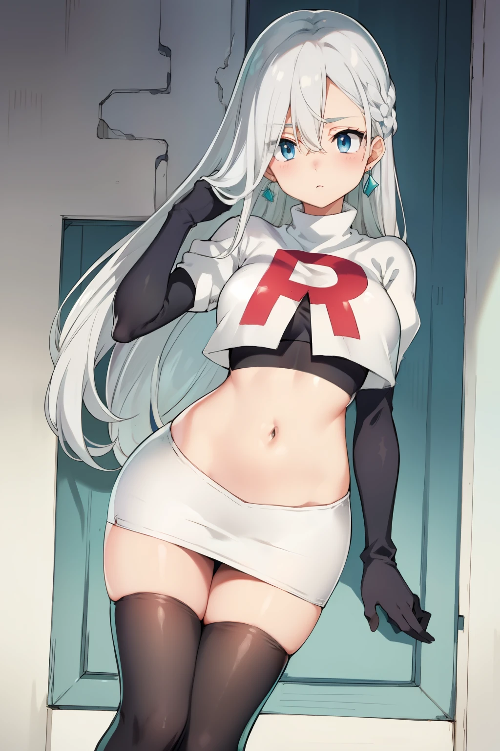 Silver hair, blue eyes, light skin, turquoise earrings, (covered eye by hair:1.3), Elizabeth, team rocket,team rocket uniform,white skirt,crop top,black thigh-highs,black elbow gloves,