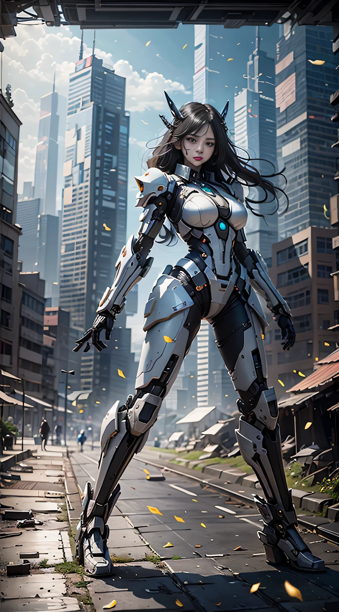 ((Best Quality)), ((Masterpiece)), (Very Detailed: 1.3), 3D, Icaru valkirie-mecha, Beautiful cyberpunk woman using crown, sci-fi technology, HDR (High Dynamic Range), ray tracing, nvidia RTX, super resolution, unreal 5, subsurface scattering, PBR texture, post-processing, anisotropic filtering, depth of field, maximum sharpness and sharpness, multi-layer texture, specular and albedo mapping, surface shading, accurate simulation of light-material interactions,  perfect proportions, octane rendering, duotone lighting, low ISO, white balance, rule of thirds, wide aperture, 8K RAW, high efficiency subpixels, subpixel convolution, light particles, light scattering, Tyndall effect, very sexy, full body, battle pose, black hair with braids,