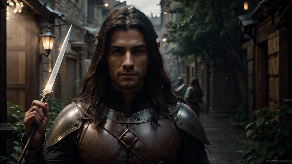 Hyper detailed gouache painting of a handsome elf, male, drinking in a crowded medieval valley, sharp looking on his face, [hyper realistic], handsome, 1 boy, chiseled features), (dark magic: 1.2), mature, warm illumination, knight costume, natural glossy skin, looking at viewer, long hair, (volumetric lighting), atmospheric perspective, dust particles, light axis, with little dark theme (e_foxy:0.7), m_wlop, (e_landscape:0.7)