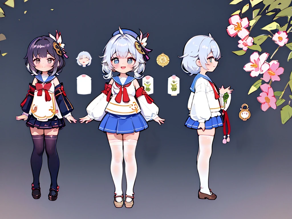 Standing picture、full body esbian、flower hair ornament、one girl、length、fluttering hair、laughter、masterpiece、best image quality、smile、Long-sleeved sailor suit、pleated skirt、length-sleeve、Moe sleeve,character reference sheet,white tights,three views,multiple view,front,side,whole body expression、close your mouth、Draw from the side,Genshin style