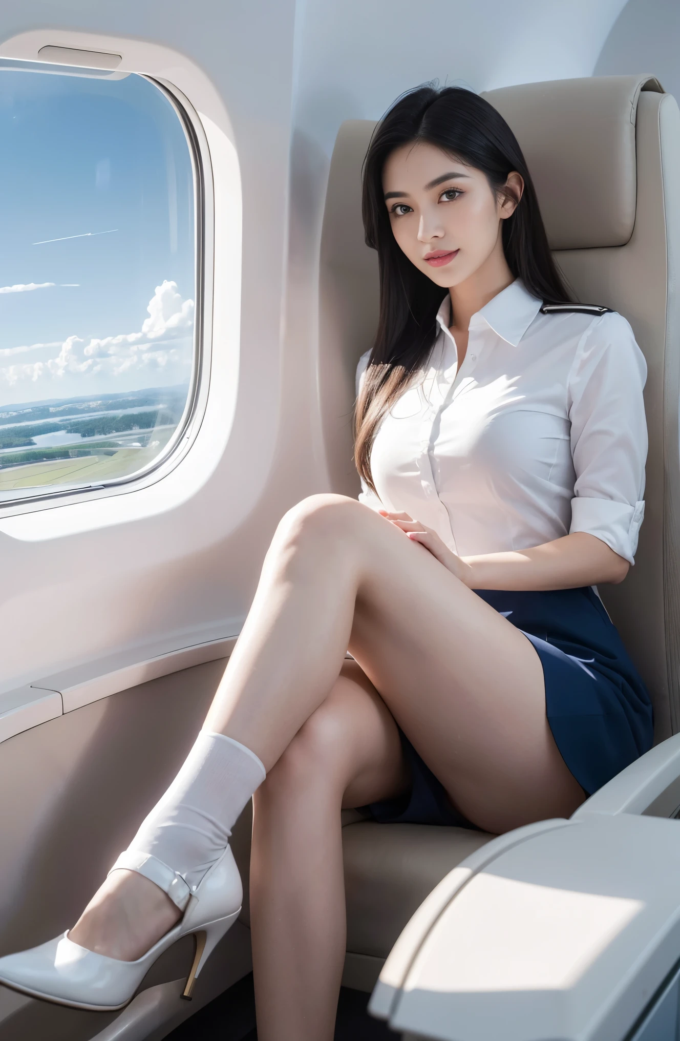(best quality,4k,8k,highres,masterpiece:1.2),ultra-detailed,(realistic,photorealistic,photo-realistic:1.37),HDR,UHD,studio lighting,physically-based rendering,extreme detail description,professional,vivid colors,bokeh,portraits,beautiful detailed eyes,beautiful detailed lips,extremely detailed eyes and face,longeyelashes,medium:airbrushing technique,soft skin texture,long flowing hair,perfectly shaped eyebrows,impeccable makeup,gleaming white teeth,sparkling eyes,symmetrical features,flawless complexion,toned bodies,fit and elegant posture,captivating smile,sleek and well-groomed hair,crisp and pressed uniform,fashionable accessories,glossy stockings,stunning high heels,stylish cabin crew's outfit,spacious and clean cabin,modern and well-designed seat,comfortable seating arrangement,polished and shiny airplane interior,peaceful and serene atmosphere,clear and wide windows,clean and polished tray table,refreshing cabin ambiance,azure blue sky,fluffy white clouds,mid-flight view,pleasant in-flight experience,majestic aerial landscape,stunning aerial photography,scenic airplane wing,glistening sunlight,subtle shadows,relaxing and smooth journey,engaging and helpful demeanor,friendly and warm customer service,attentive and efficient crew members,confident and professional approach,calm and composed behavior,meticulous and organized service,meticulous and spotless environment