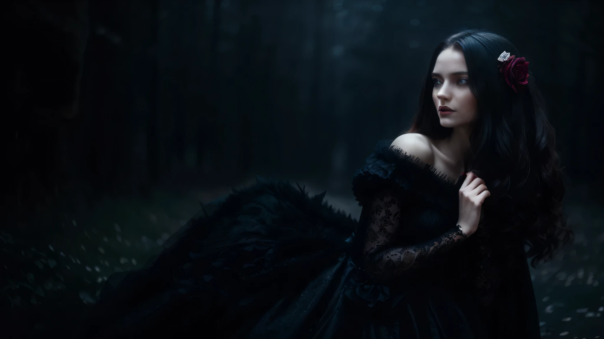 A woman in a black dress holding a white ball in a dark forest - SeaArt AI