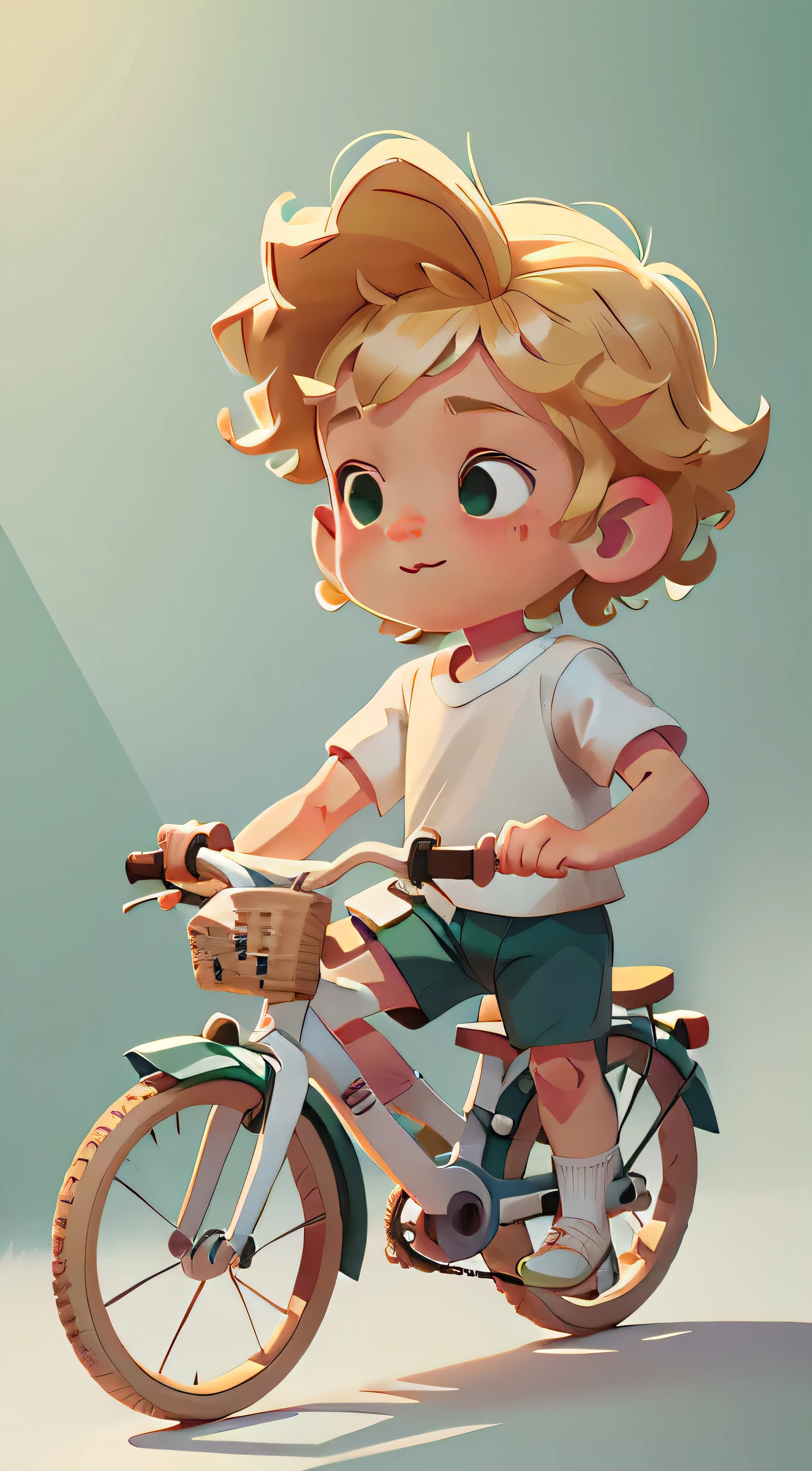 boy, white background, children's book illustration style, simple, cute, , bright colors, (blond hair), ends of hair below the ears curly, light skin, (sleeveless shirt), (white shirt), shorts fabric, (green shorts), intricate details, pedaling bicycle.