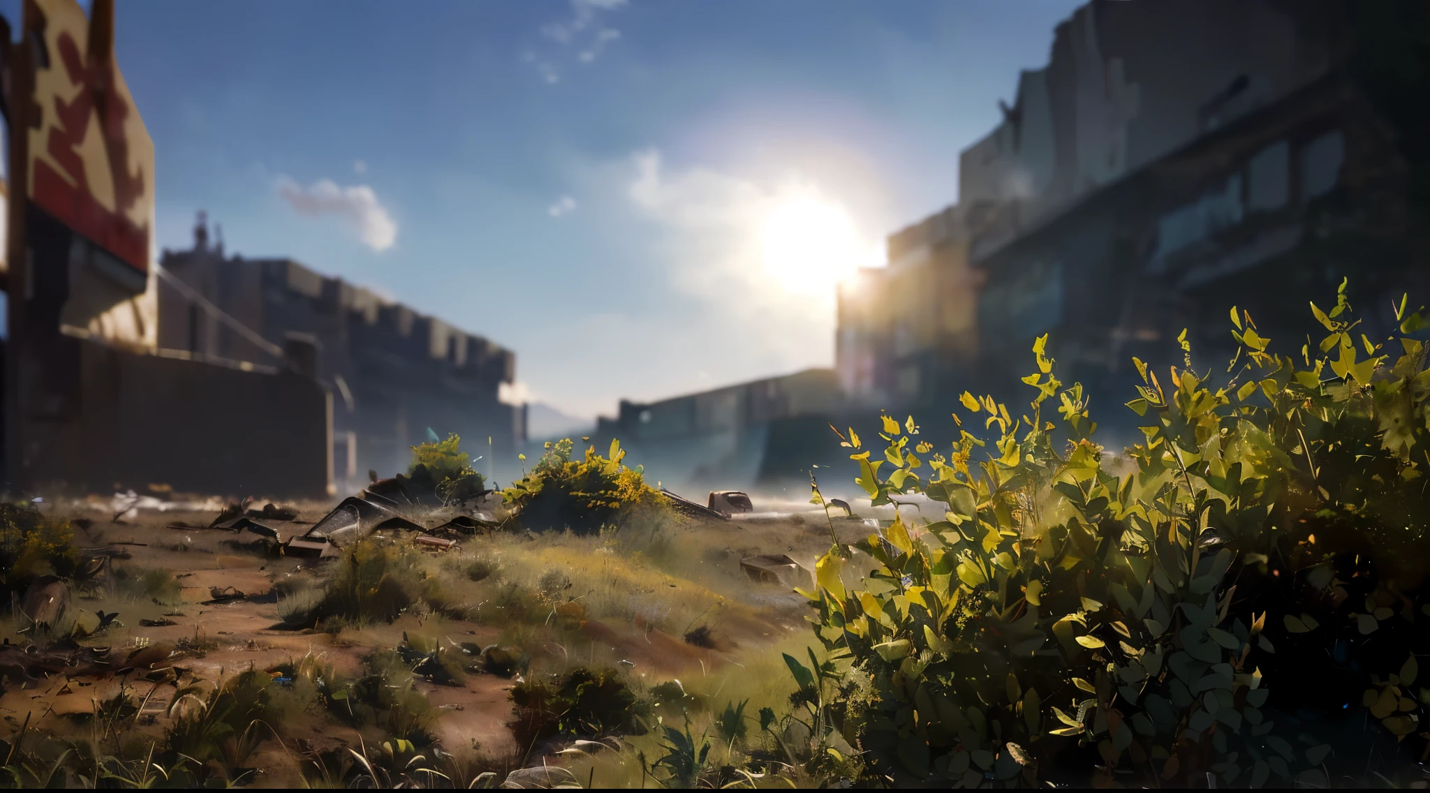 (Best quality, 8K, 32K, masterpiece, UHD: 1.2, ray tracing: 1.2, real: 1.2),  (Side: 3 (plants close up,Background blurred),  (Prairie, Long distance:1.5),  road works sign in the background, beautiful white clouds stretching into the distance, (((Post-apocalyptic wasteland))) 